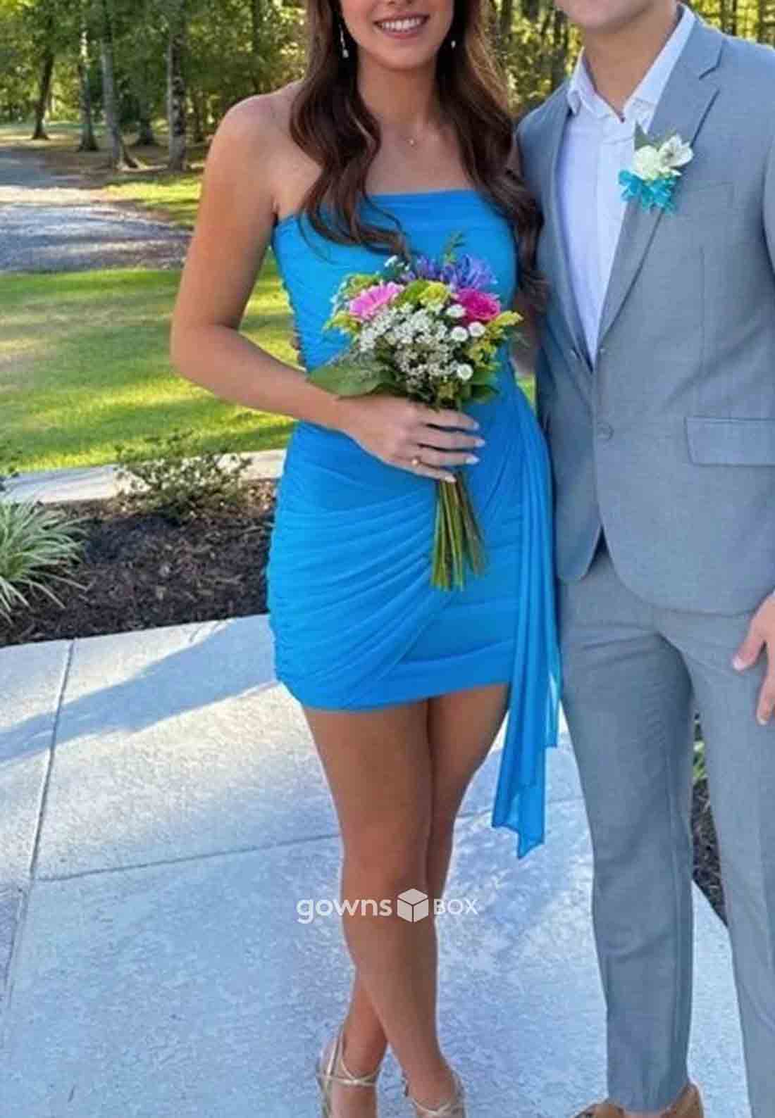 Ocean Blue Strapless Side Draping Pleated Short Homecoming Dresses with Ruched-GownsBox