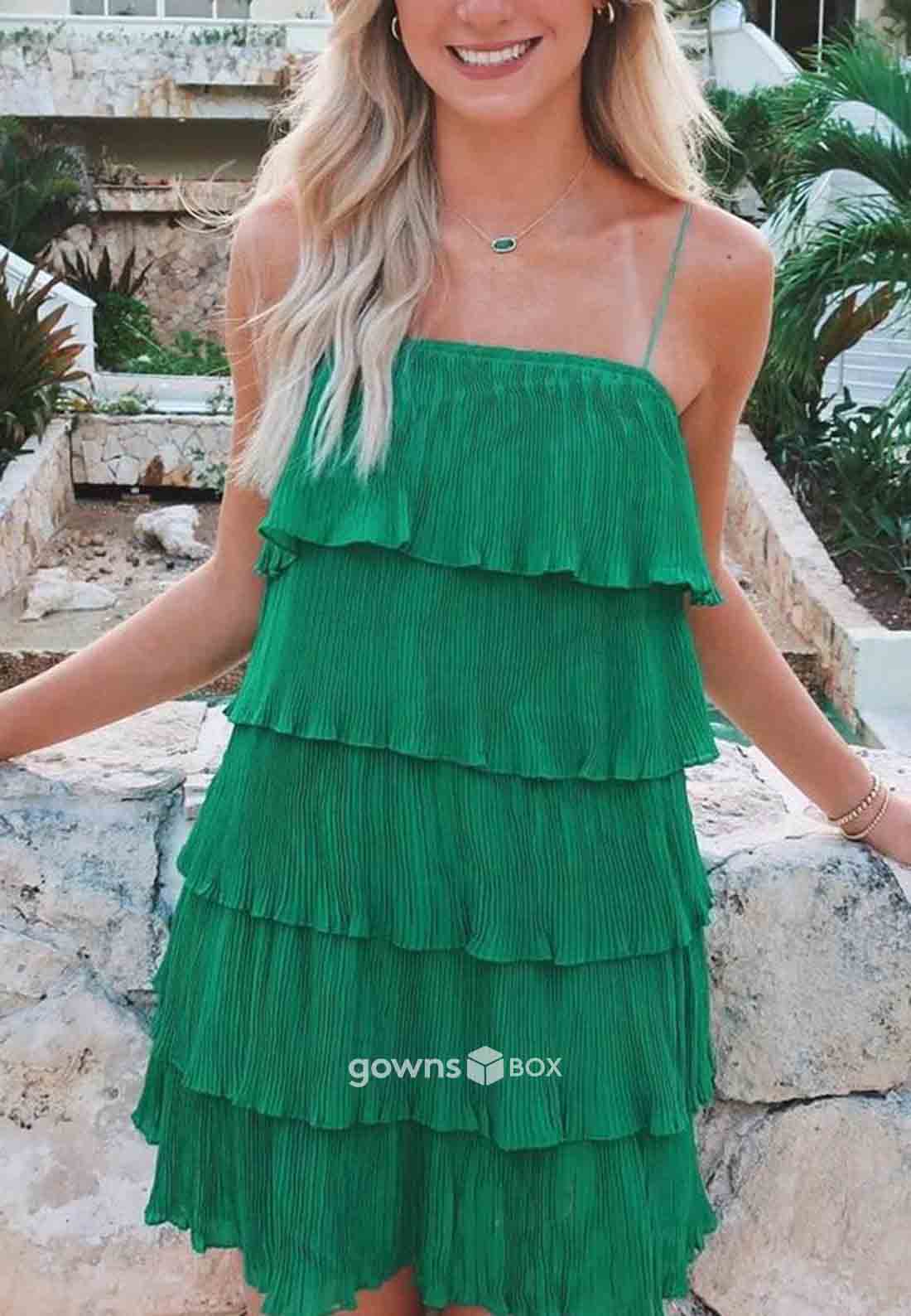 Spaghetti Straps Ruched Sleeveless Short Homecoming Dresses with Ruffles-GownsBox