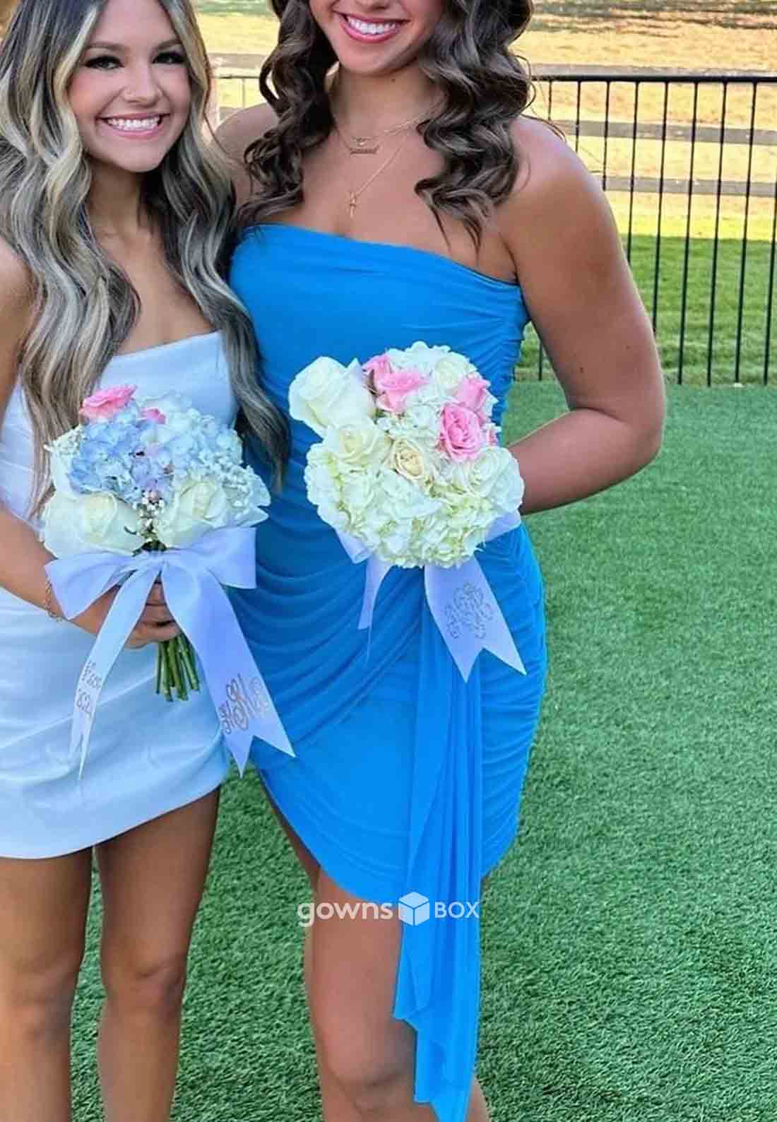 Ocean Blue Strapless Side Draping Pleated Short Homecoming Dresses with Ruched-GownsBox