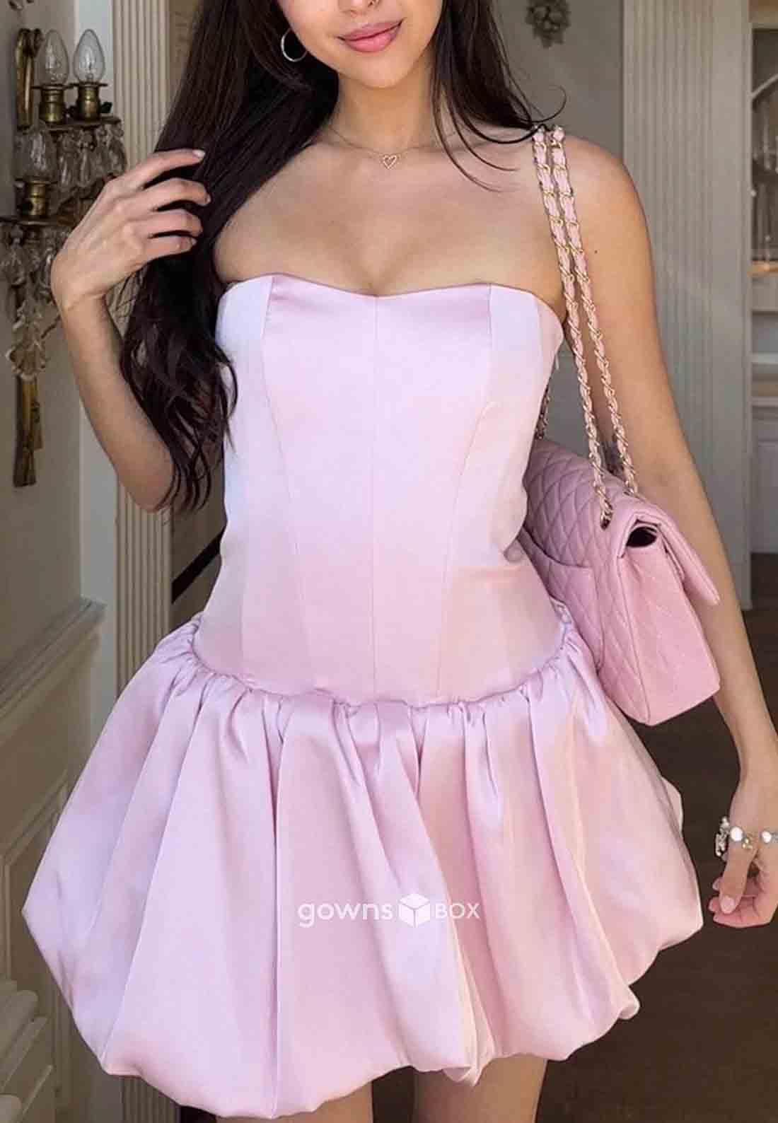 A-Line Pink Strapless Tie Back Sleeveless Pleated Mini Homecoming Dresses-GownsBox