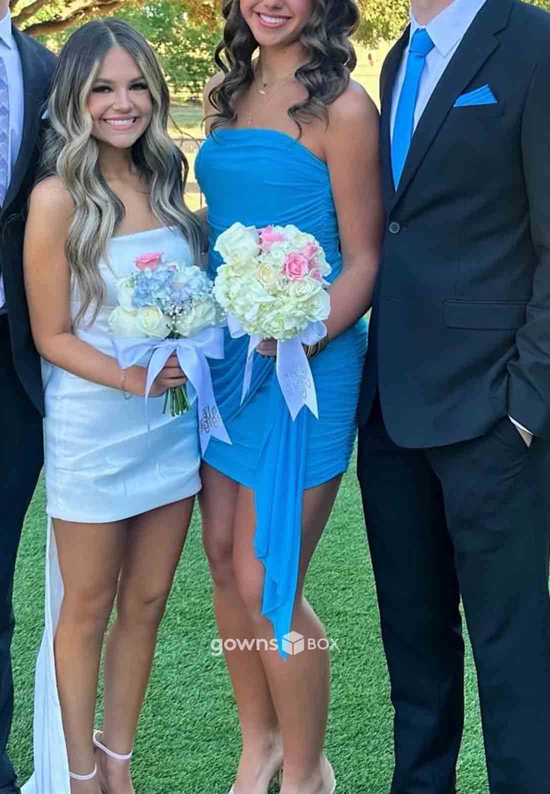 Ocean Blue Strapless Side Draping Pleated Short Homecoming Dresses with Ruched-GownsBox