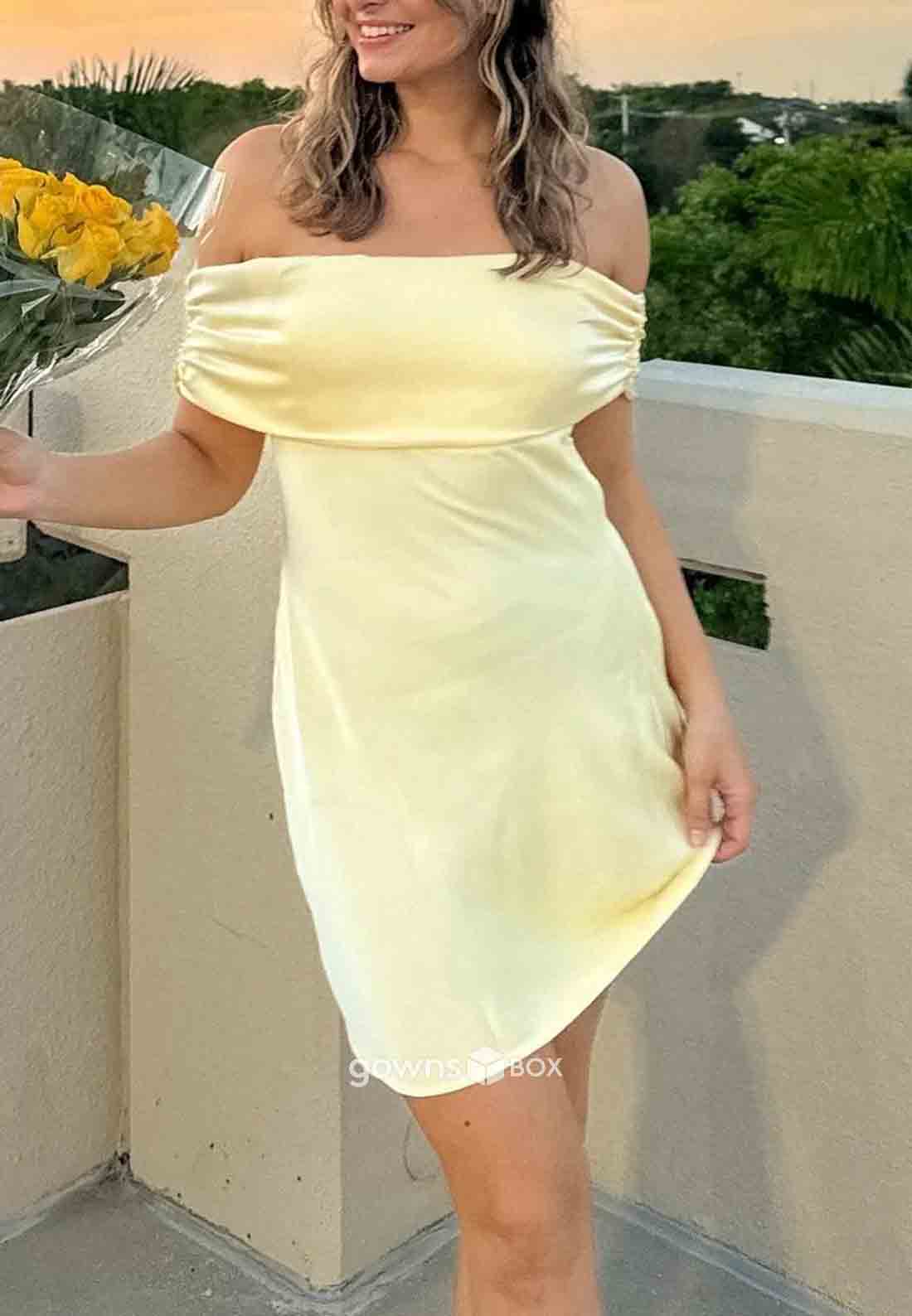 Simple Yellow Off the Shoulder Sheath Pleated Mini Homecoming Dresses-GownsBox