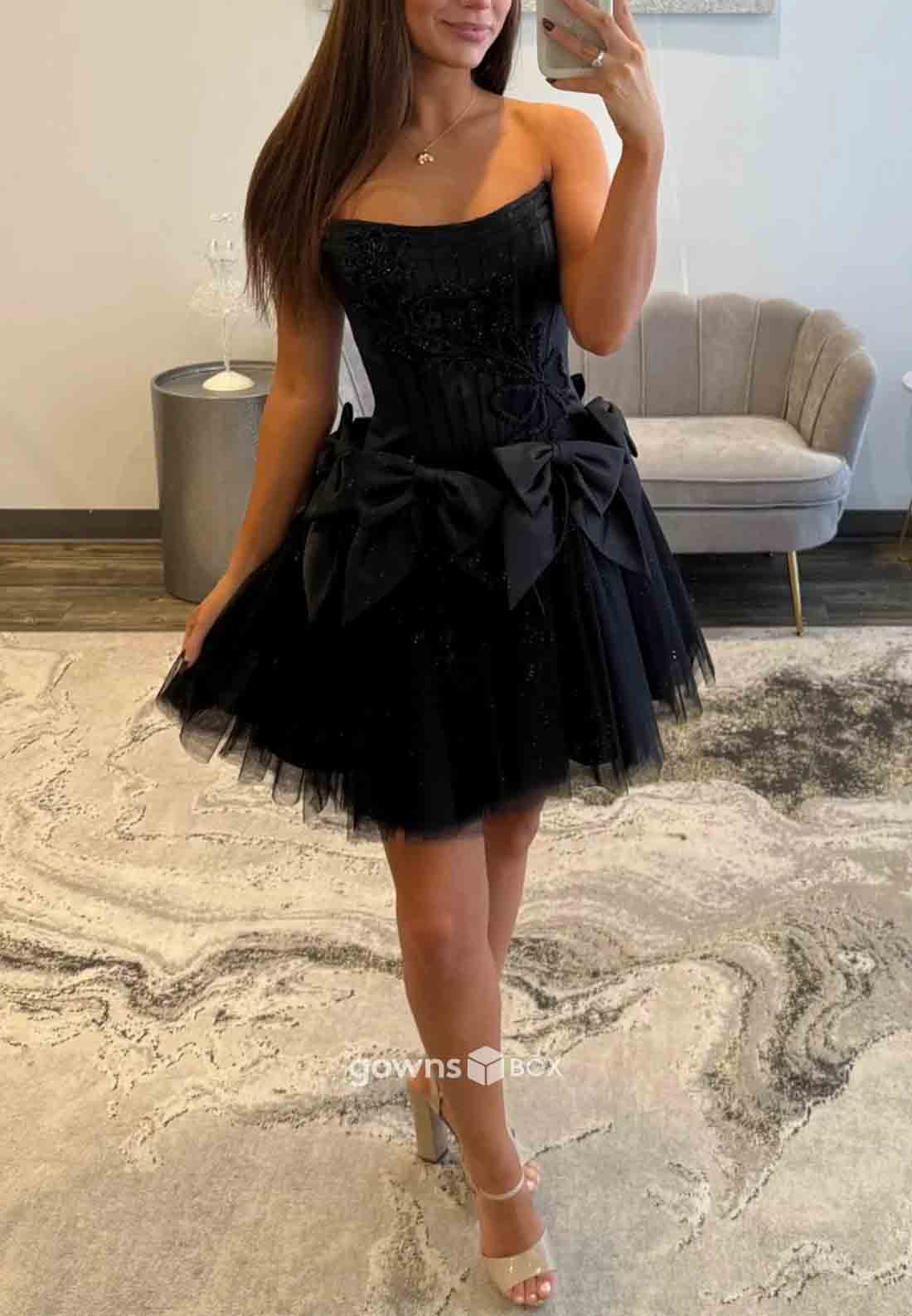 Strapless A-Line Low Back Sleeveless with Bowknot Short Homecoming Dresses-GownsBox