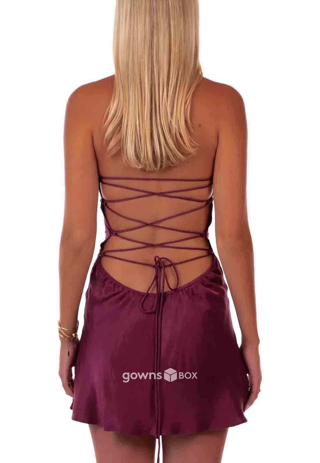 Sexy Halter Sleeveless Tie Back Spaghetti Straps Sheath Mini Homecoming Dresses-GownsBox