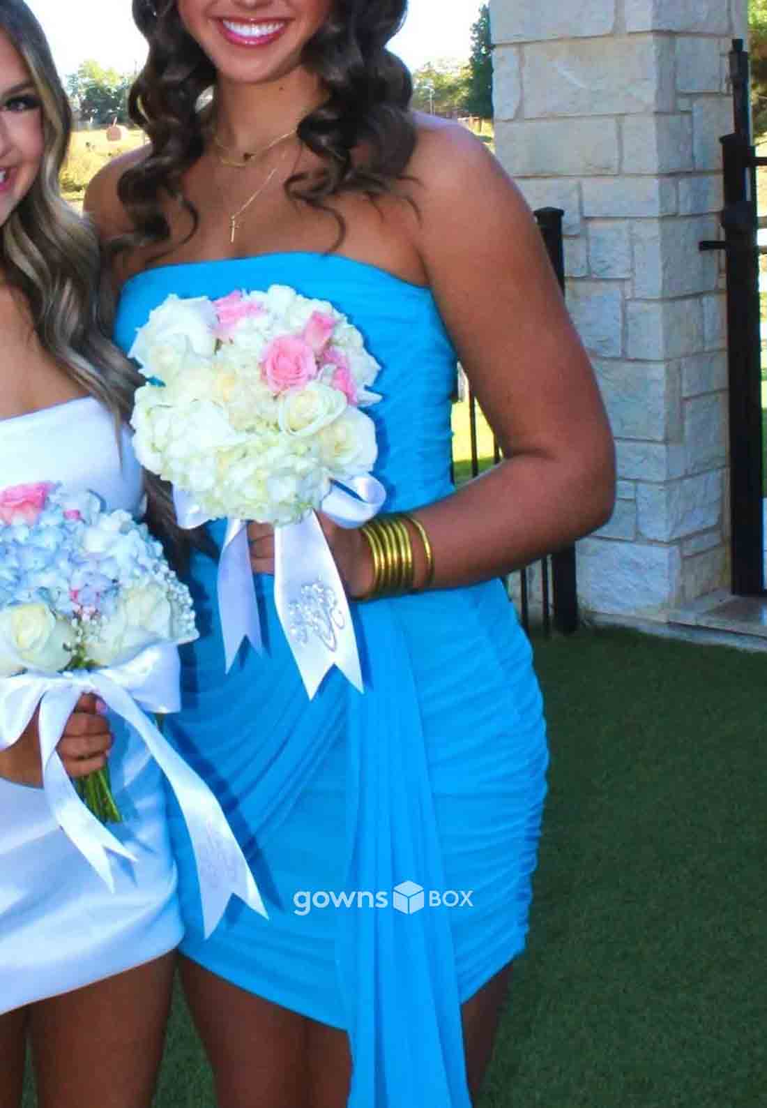 Ocean Blue Strapless Side Draping Pleated Short Homecoming Dresses with Ruched-GownsBox