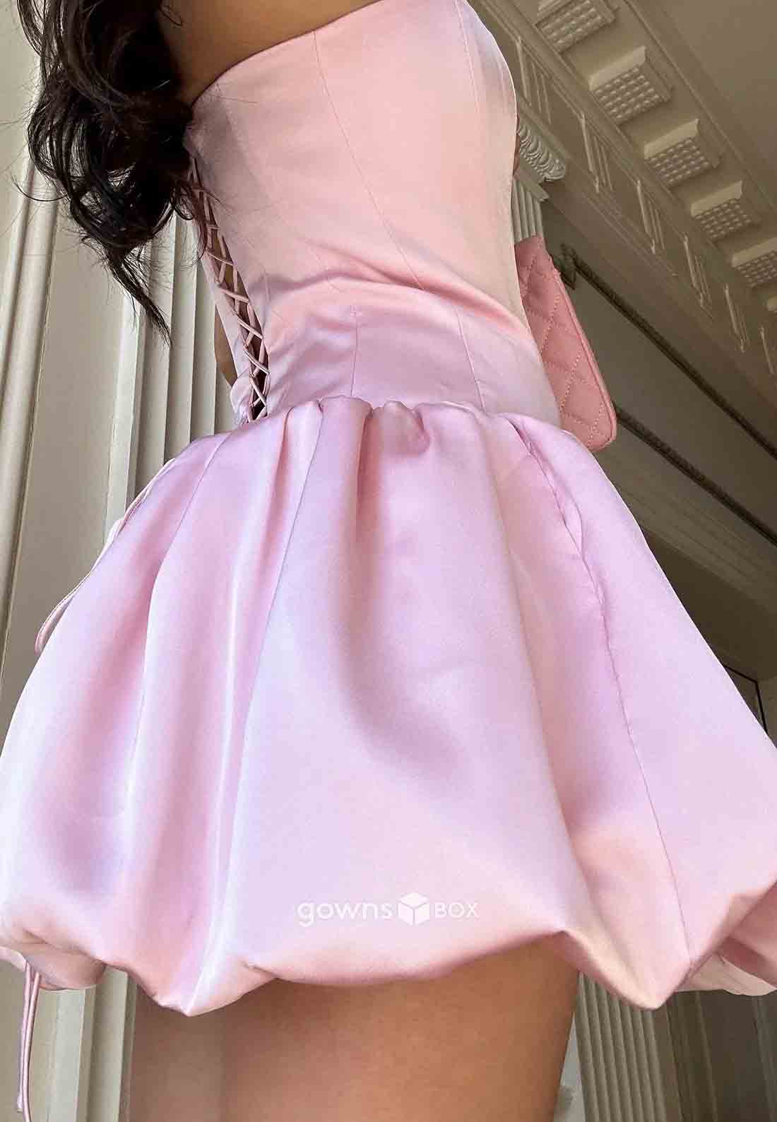 A-Line Pink Strapless Tie Back Sleeveless Pleated Mini Homecoming Dresses-GownsBox