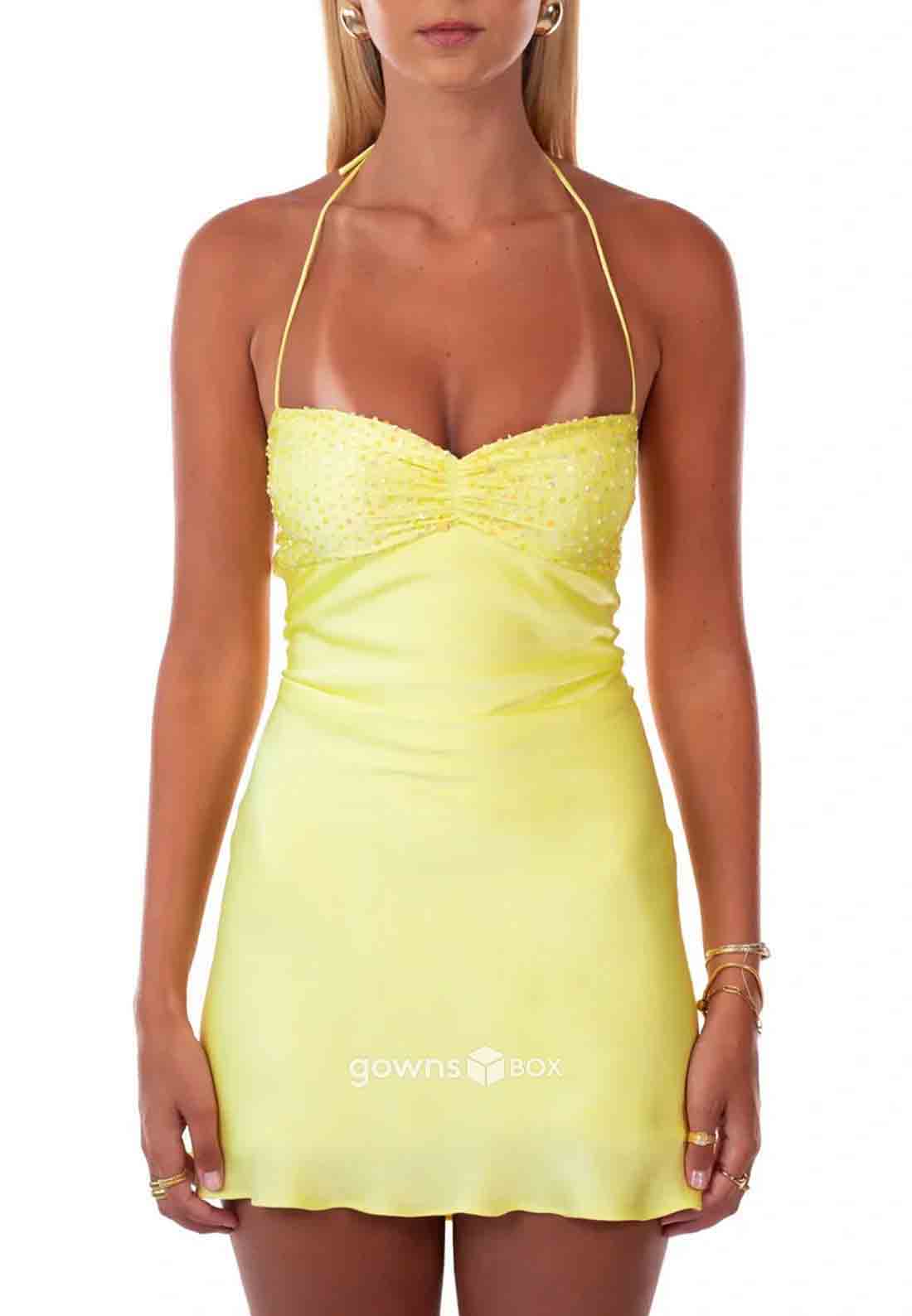 Sexy Halter Sleeveless Tie Back Spaghetti Straps Sheath Mini Homecoming Dresses-GownsBox