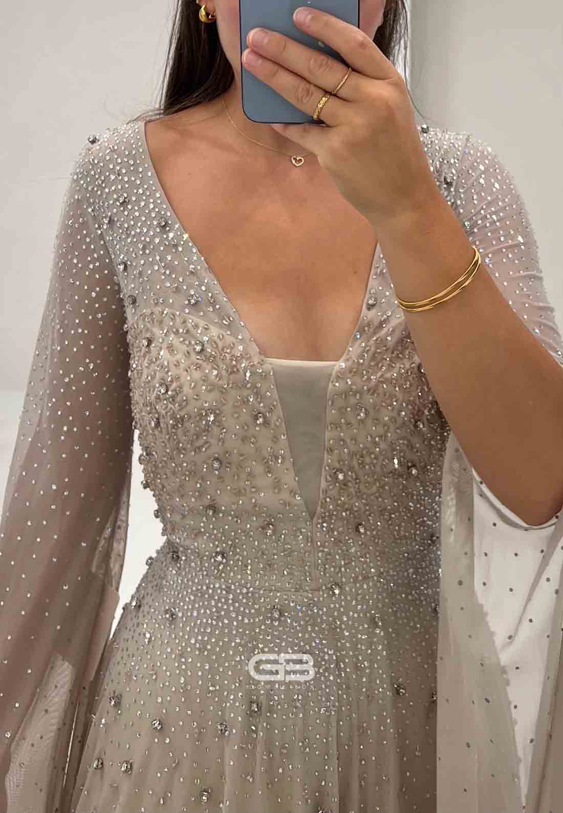 V-Neck A-Line Floor-Length with Beading and Rhinestone