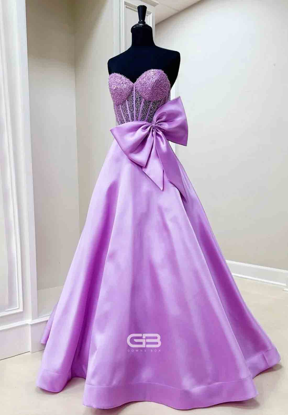 Sweetheart Satin Strapless Beaded A-Line Prom Dresses with Bowknot
