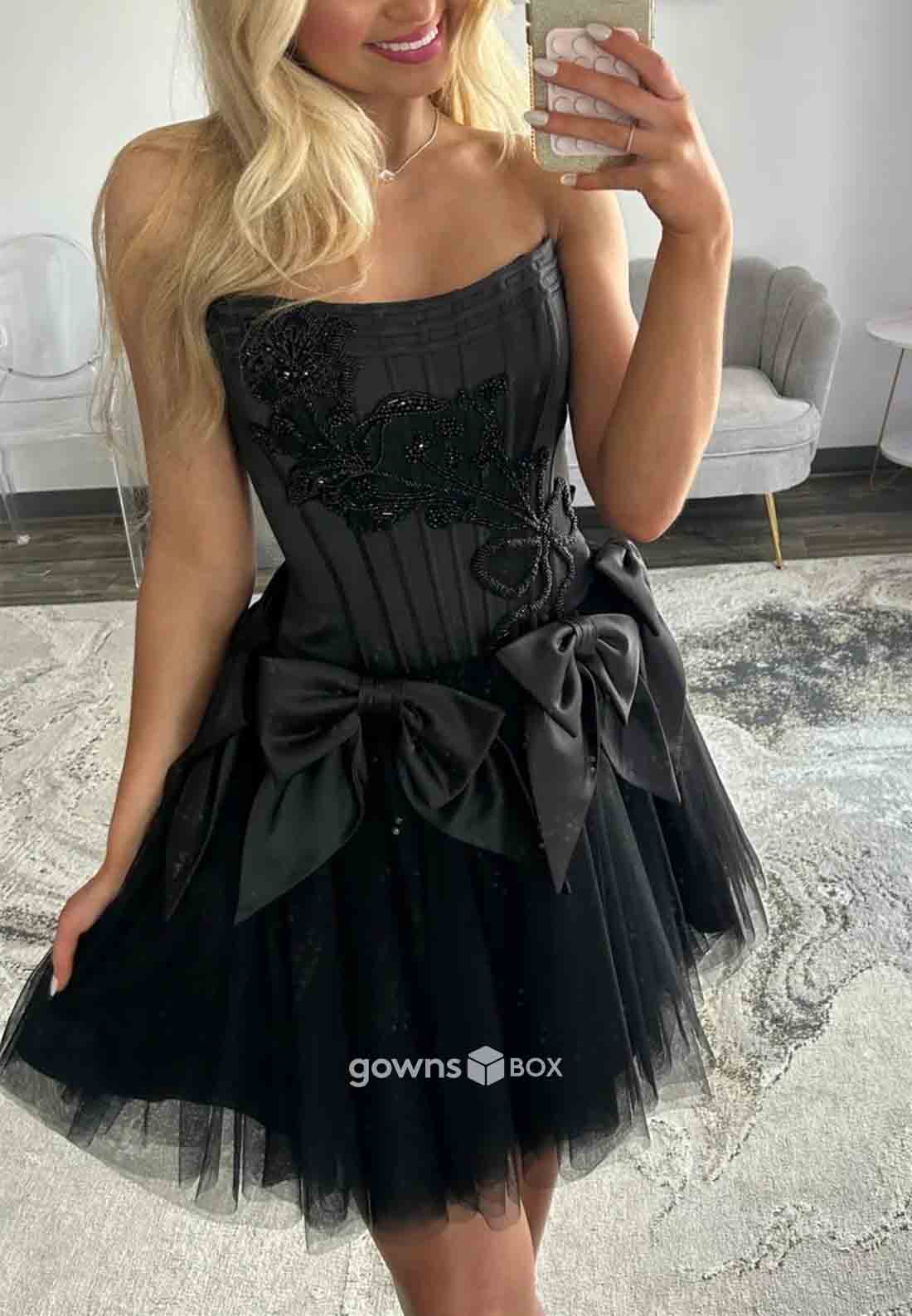 Strapless A-Line Low Back Sleeveless with Bowknot Short Homecoming Dresses-GownsBox
