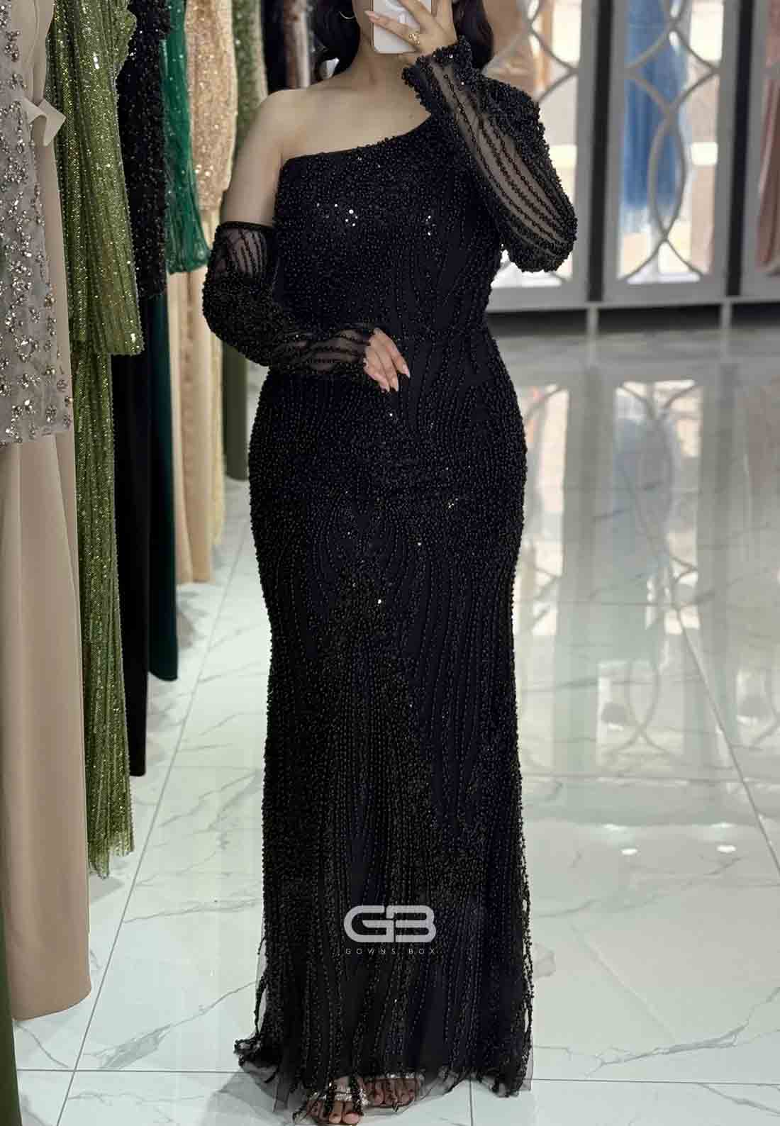 One Shoulder Trumpet Formal Gowns Floor-Length Evening Gowns with Beading