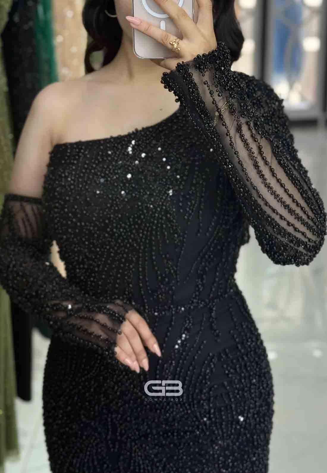 One Shoulder Trumpet Formal Gowns Floor-Length Evening Gowns with Beading