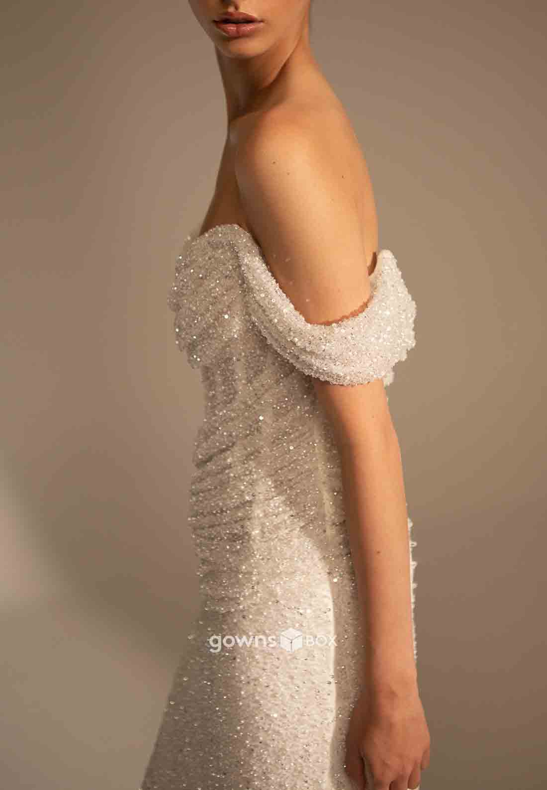 Sparkly Off the Shoulder Low Back Court Train Sheath Beading Wedding Dresses