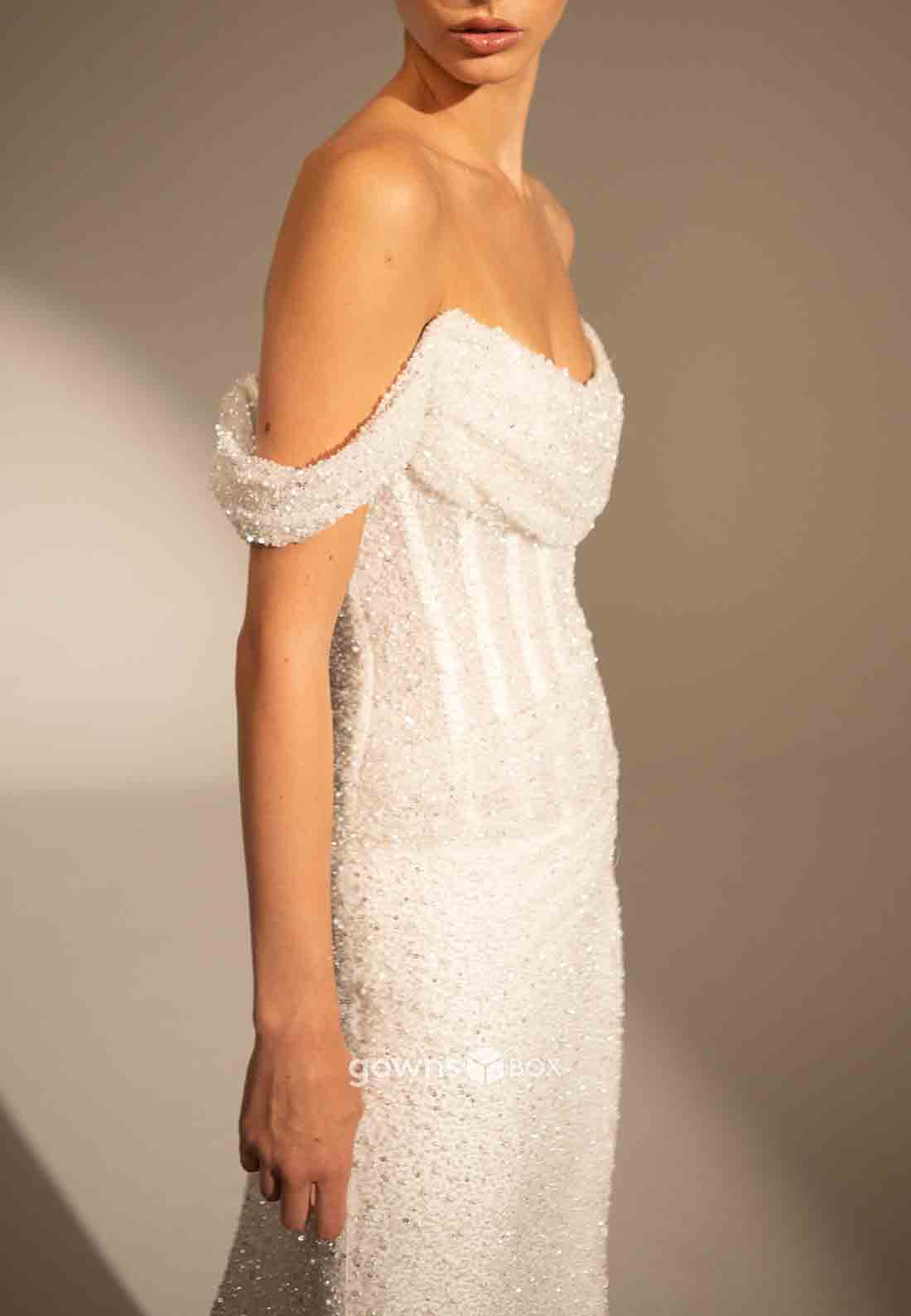 Sparkly Off the Shoulder Low Back Court Train Sheath Beading Wedding Dresses