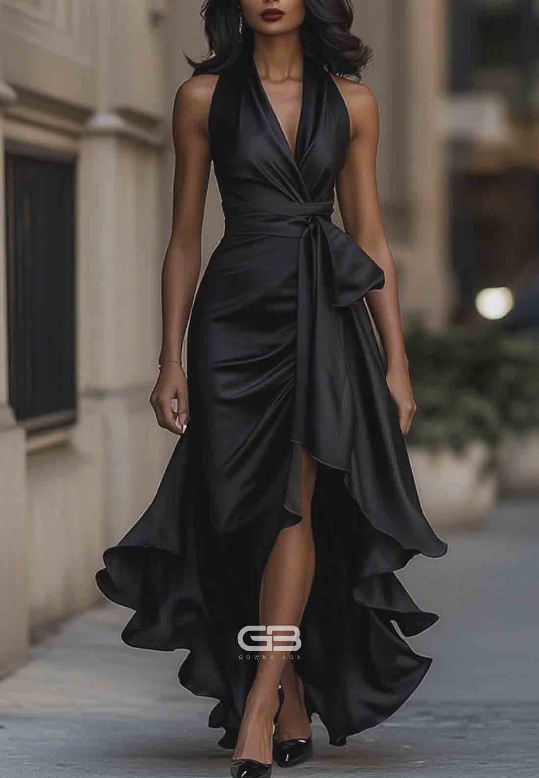 Elegant V-Neck Pleated Satin Halter Neck Asymmetrical Satin Evening Gowns