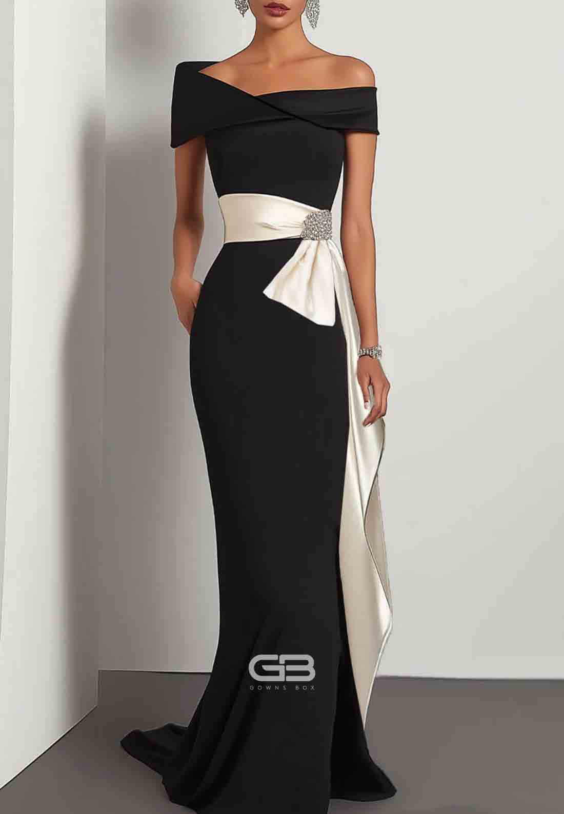 Elegant Evening Satin Dress Off-Shoulder Mermaid White Sash Rhinestone Dress 