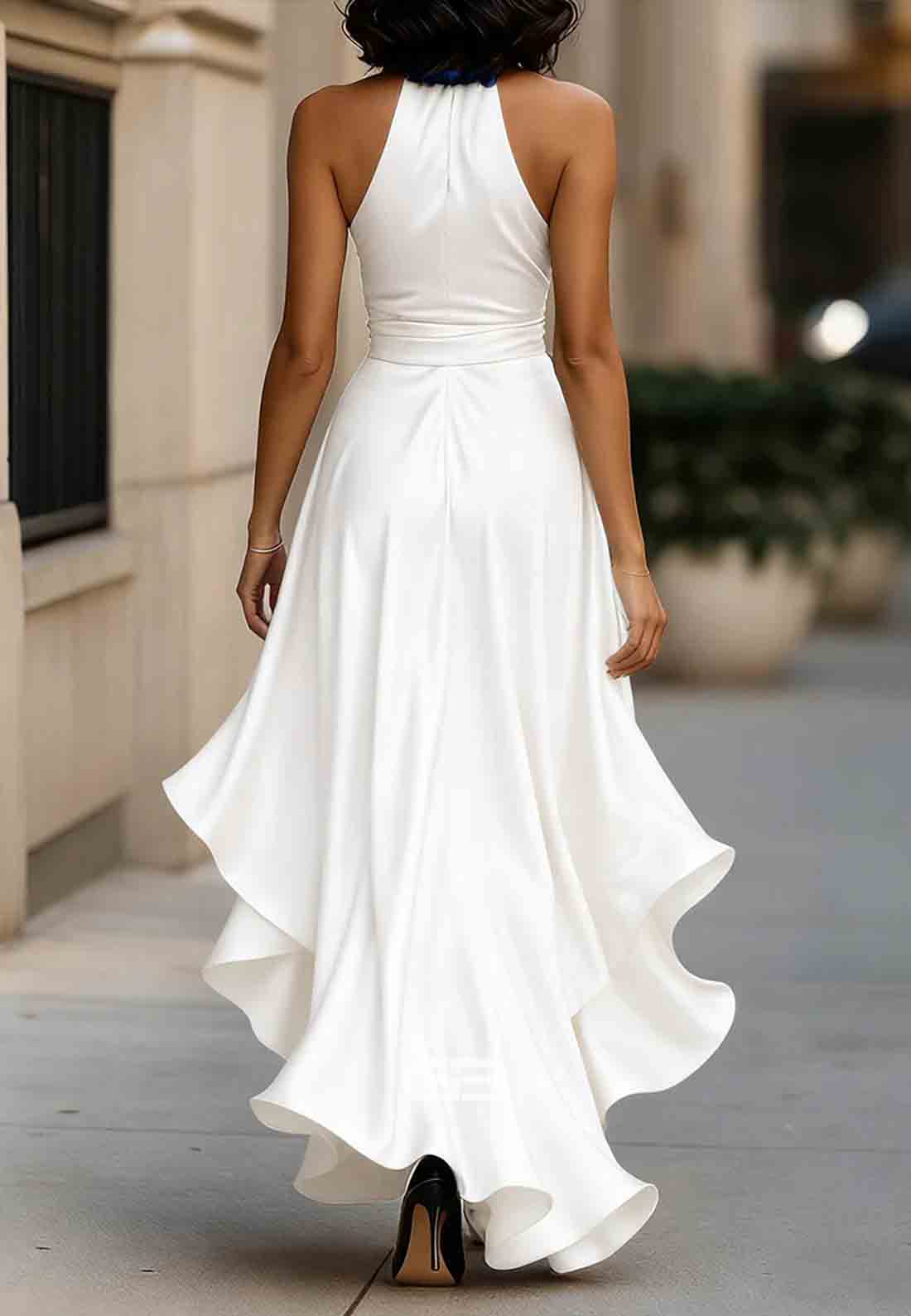 Elegant V-Neck Pleated Satin Halter Neck Asymmetrical Satin Evening Gowns
