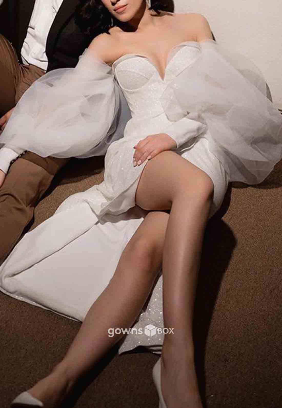 Off-Shoulder Strapless Asymmetrical Glitter High Slit Sweetheart Wedding Dresses-GownsBox