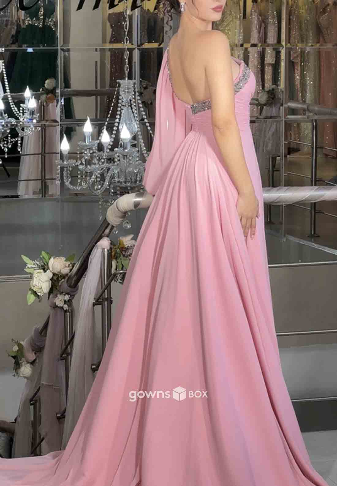 One Shoulder A-Line High Slit Pleated Floor-Length Ruched Formal Gowns-GownsBox