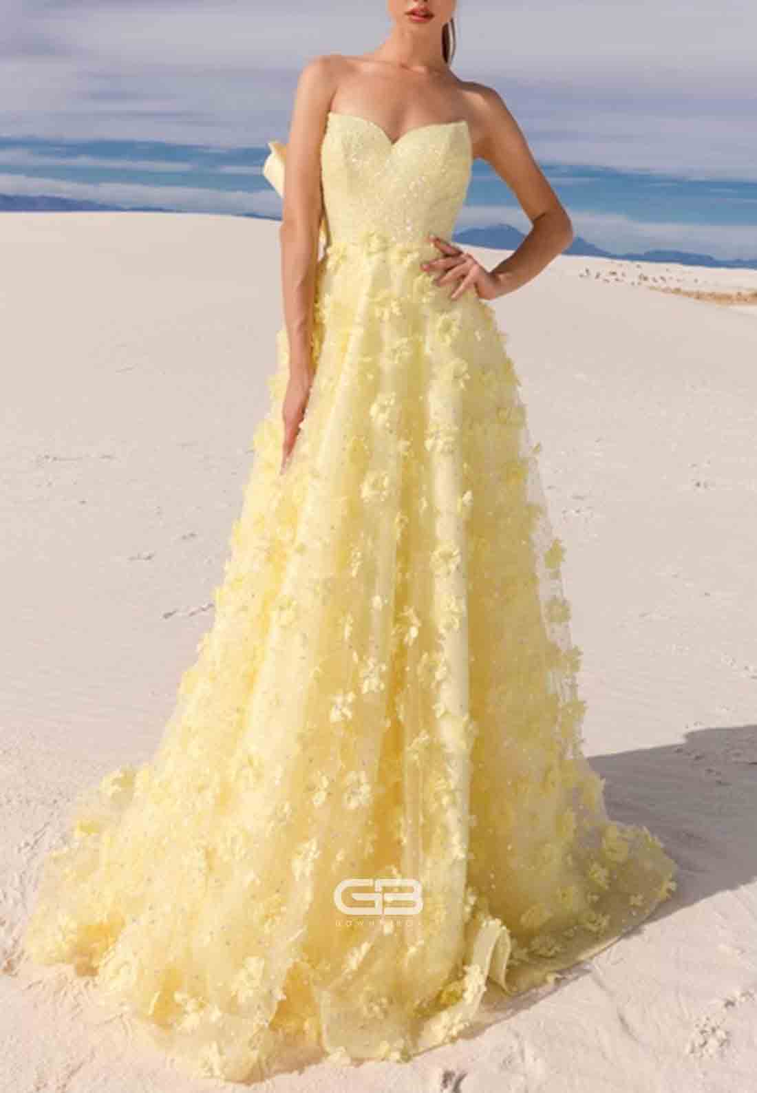 StraplessA-Line Prom Dresses Bowknot and 3D Flowers