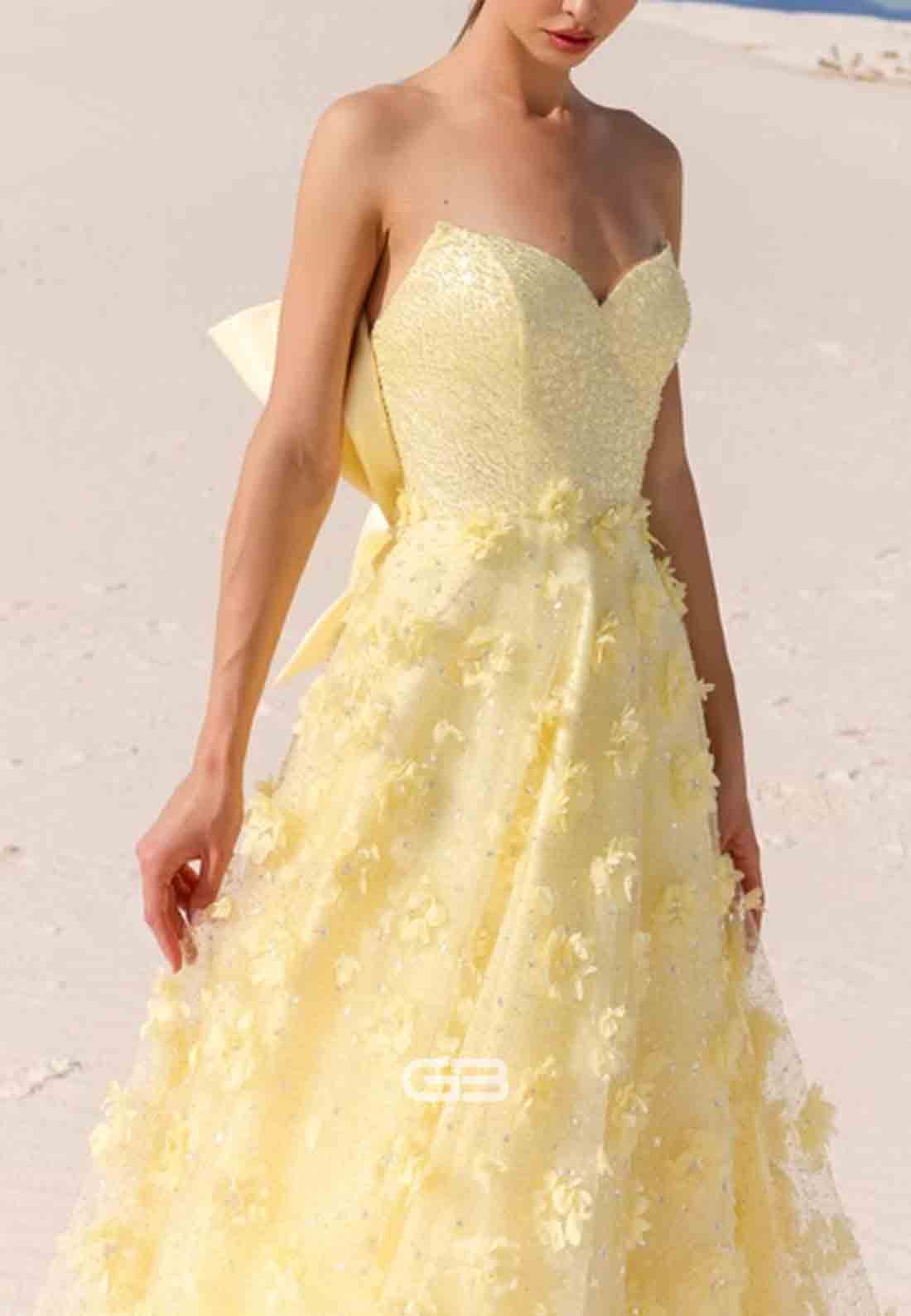 StraplessA-Line Prom Dresses Bowknot and 3D Flowers