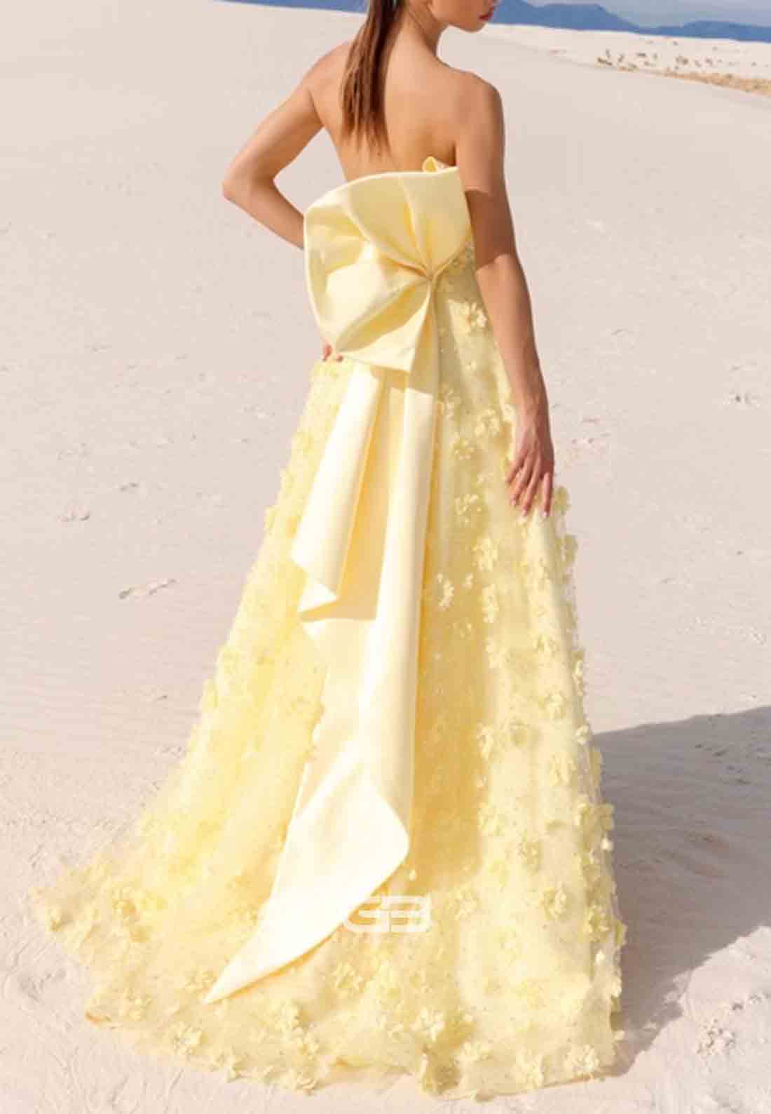 StraplessA-Line Prom Dresses Bowknot and 3D Flowers