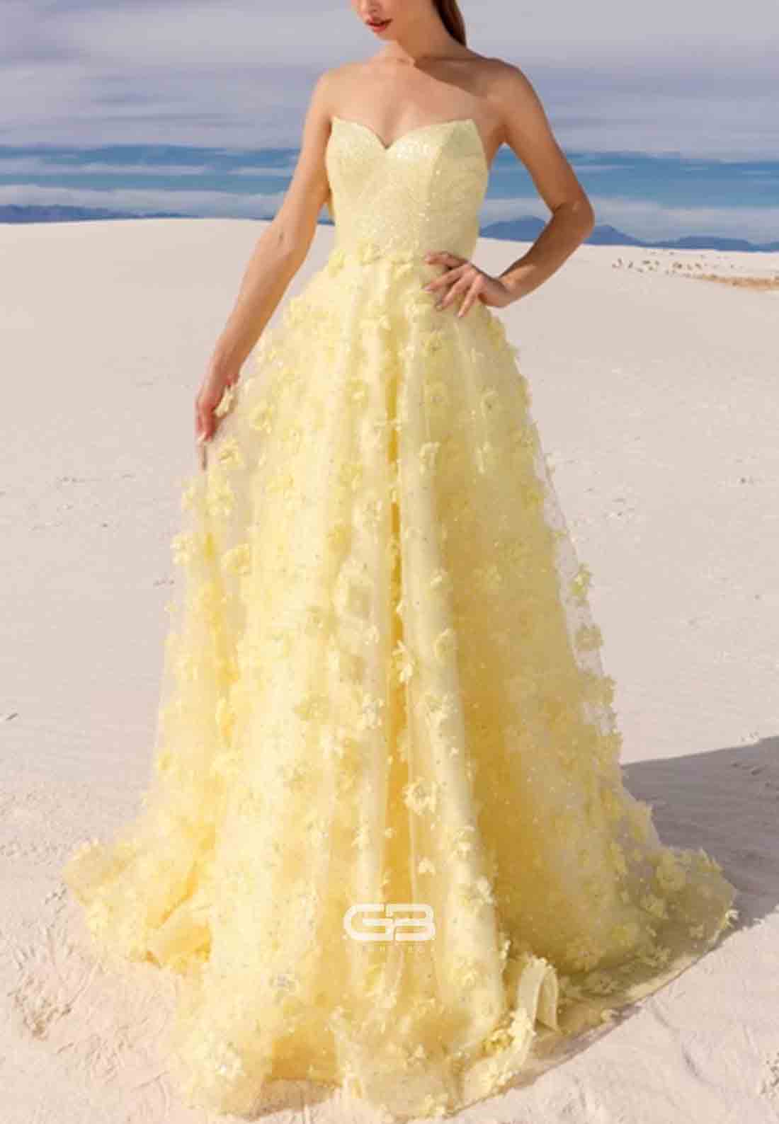 StraplessA-Line Prom Dresses Bowknot and 3D Flowers