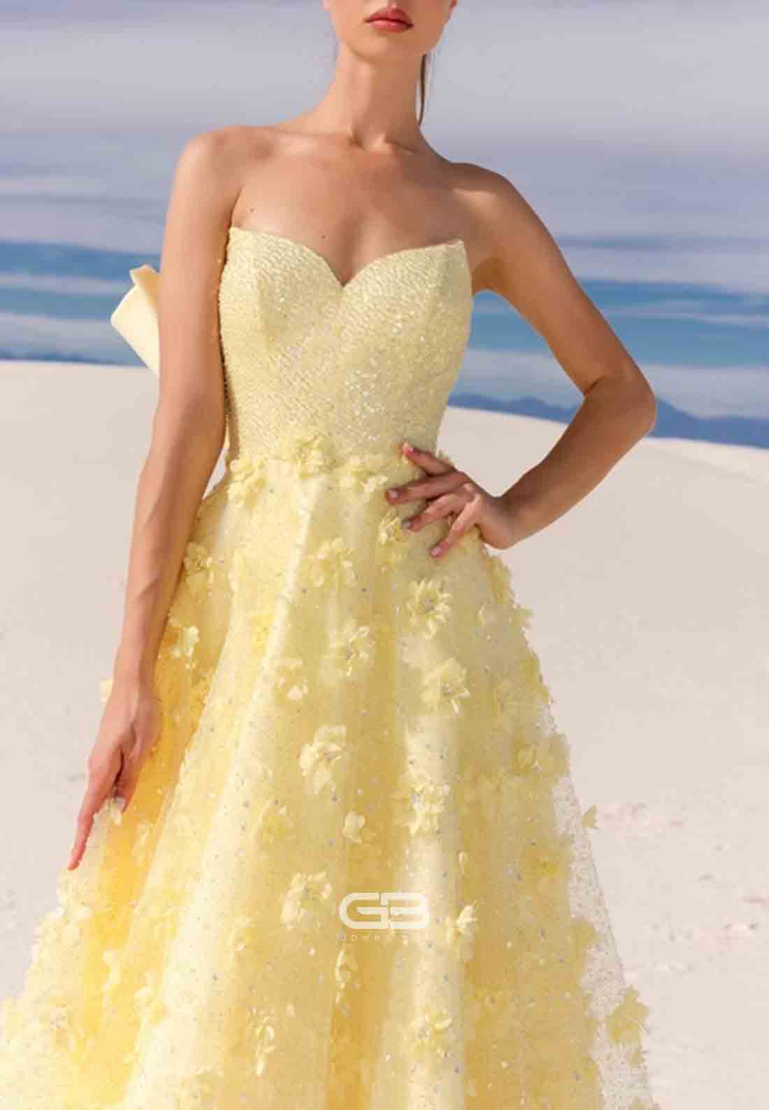StraplessA-Line Prom Dresses Bowknot and 3D Flowers