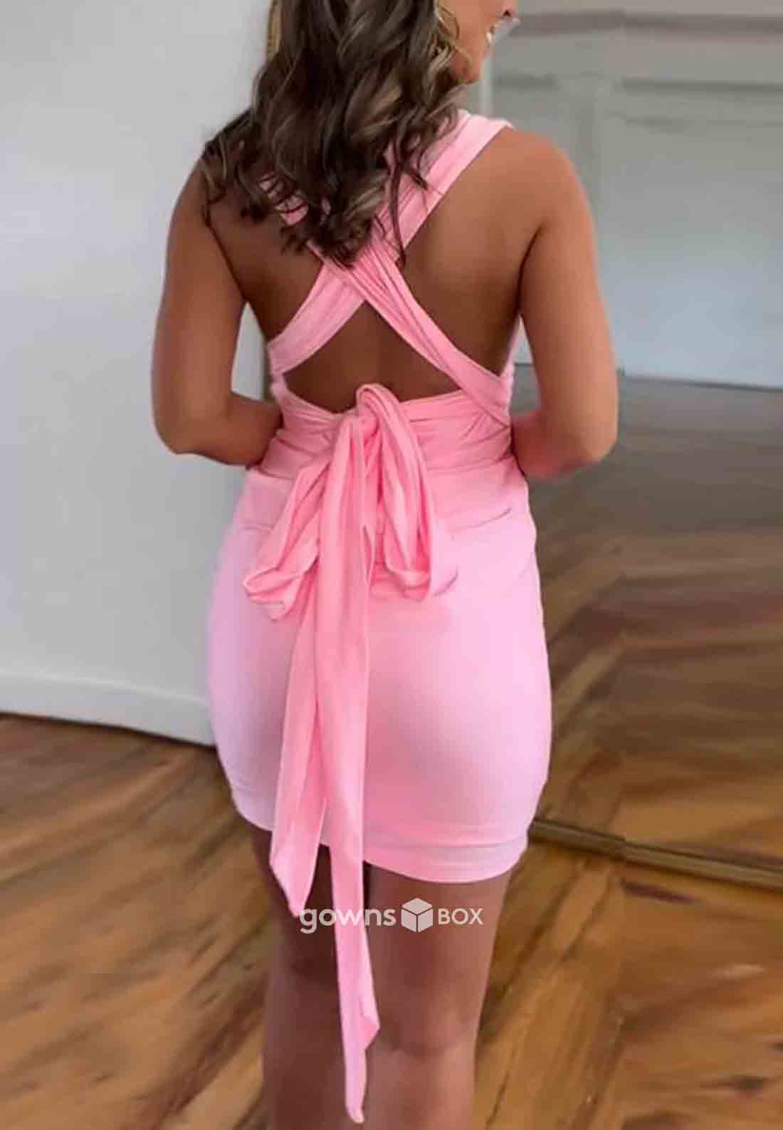 Low V-Neck Mini Sheath Tie Back Sleeveless Homecoming Dresses with Bowknot-GownsBox