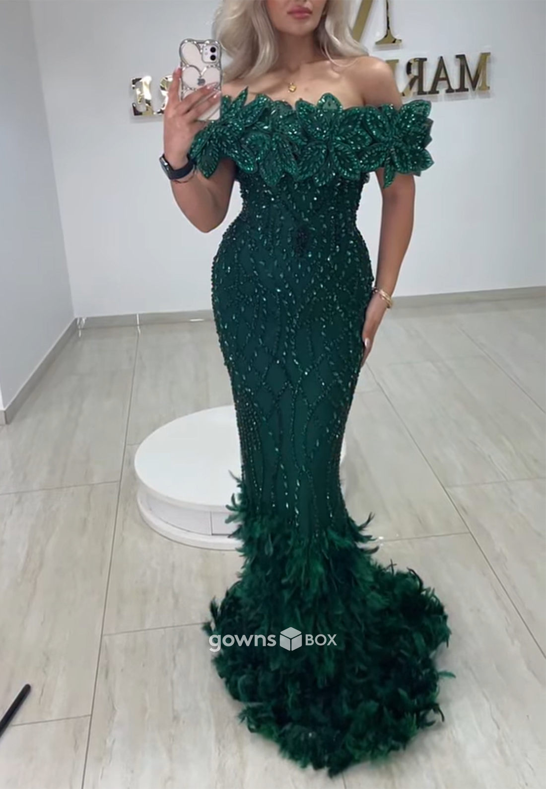 Off the Shoulder Feather Flowers Floor-Length Mermaid Evening Gowns-GownsBox