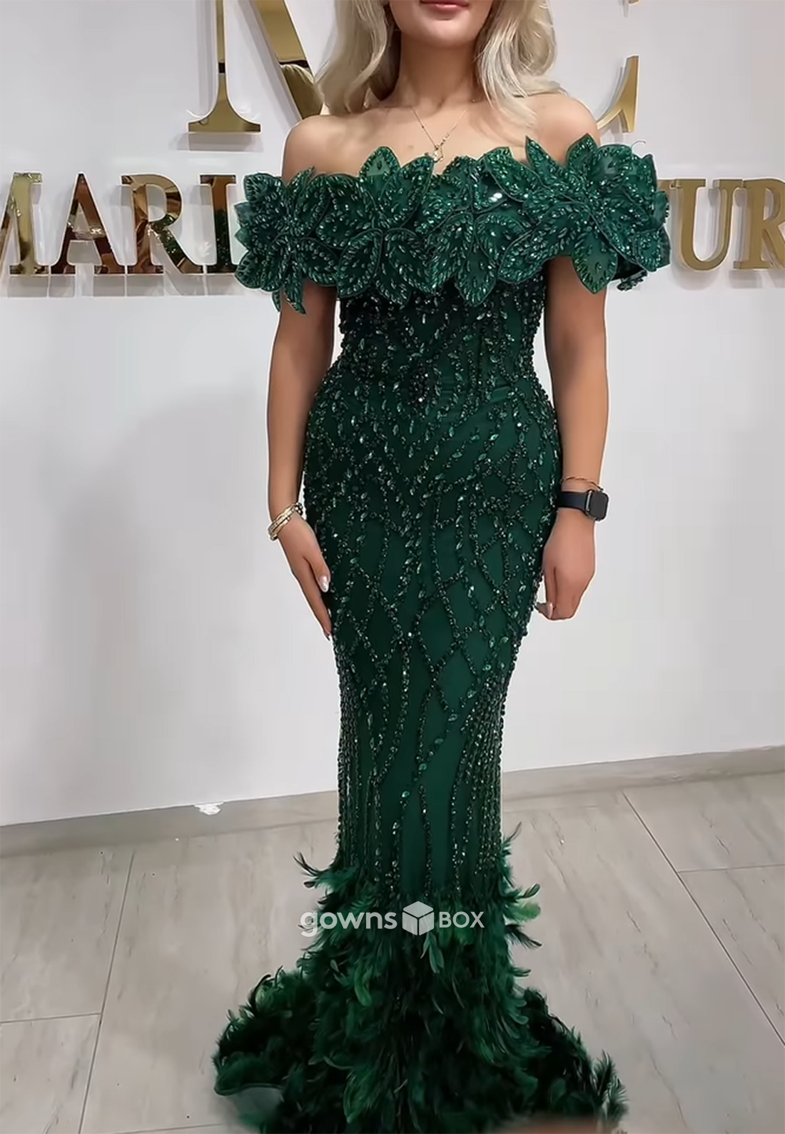 Off the Shoulder Feather Flowers Floor-Length Mermaid Evening Gowns-GownsBox