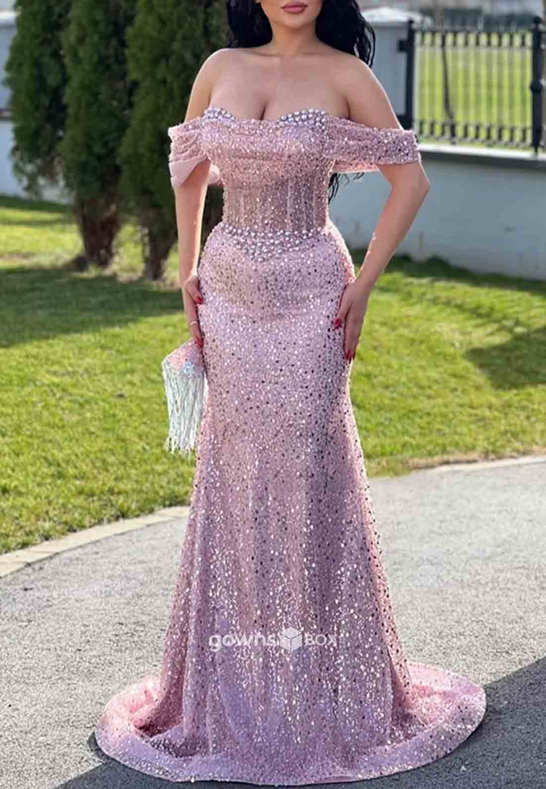 Sparkle Trumpet Off-Shoulder Sequined Floor-Length Prom Dresses-GownsBox