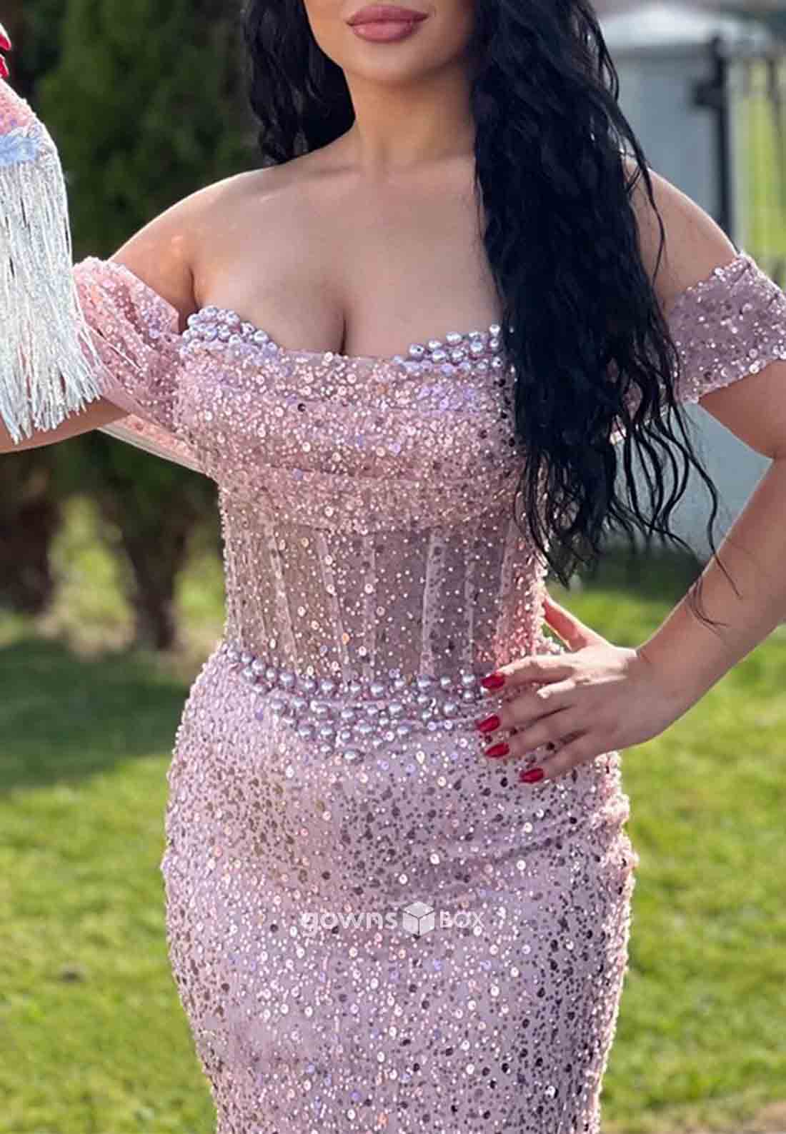 Sparkle Trumpet Off-Shoulder Sequined Floor-Length Prom Dresses-GownsBox