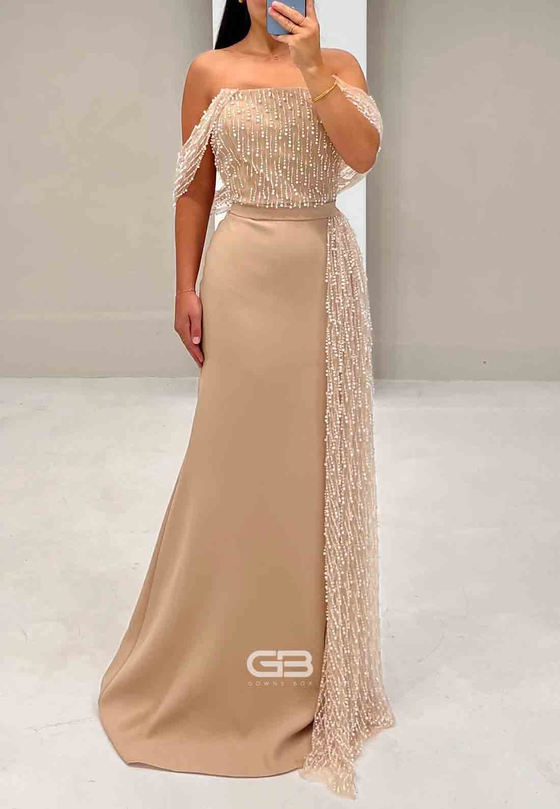 Off the Shoulder Trumpet Shawl Evening Gowns with Tassel and Pearls