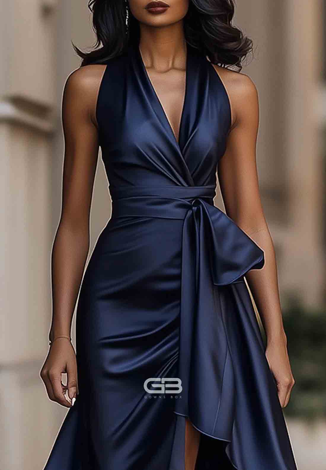 Elegant V-Neck Pleated Satin Halter Neck Asymmetrical Satin Evening Gowns
