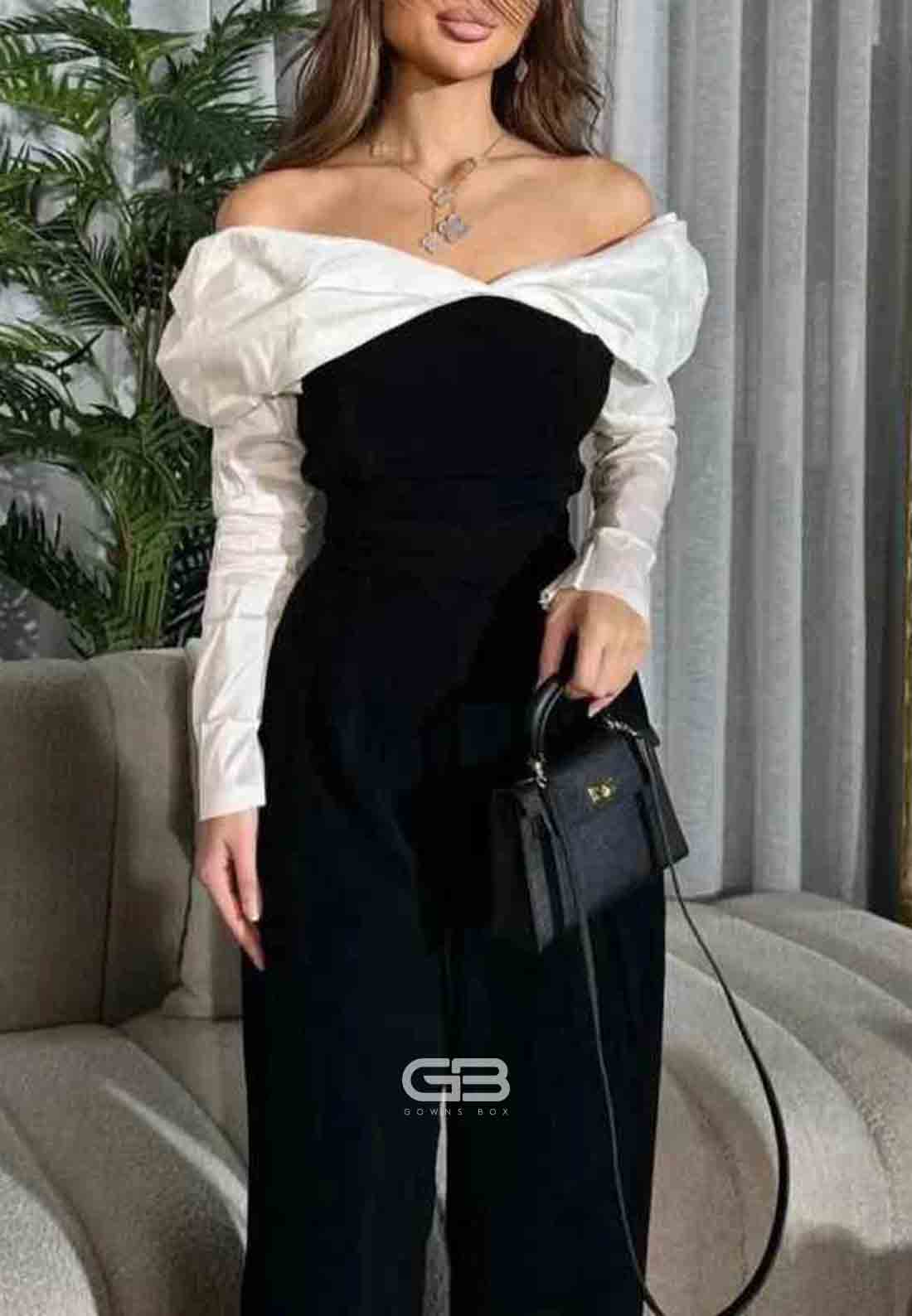 Black and White Jumpsuit Satin Long Sleeves Off the Shoulder Evening Gowns