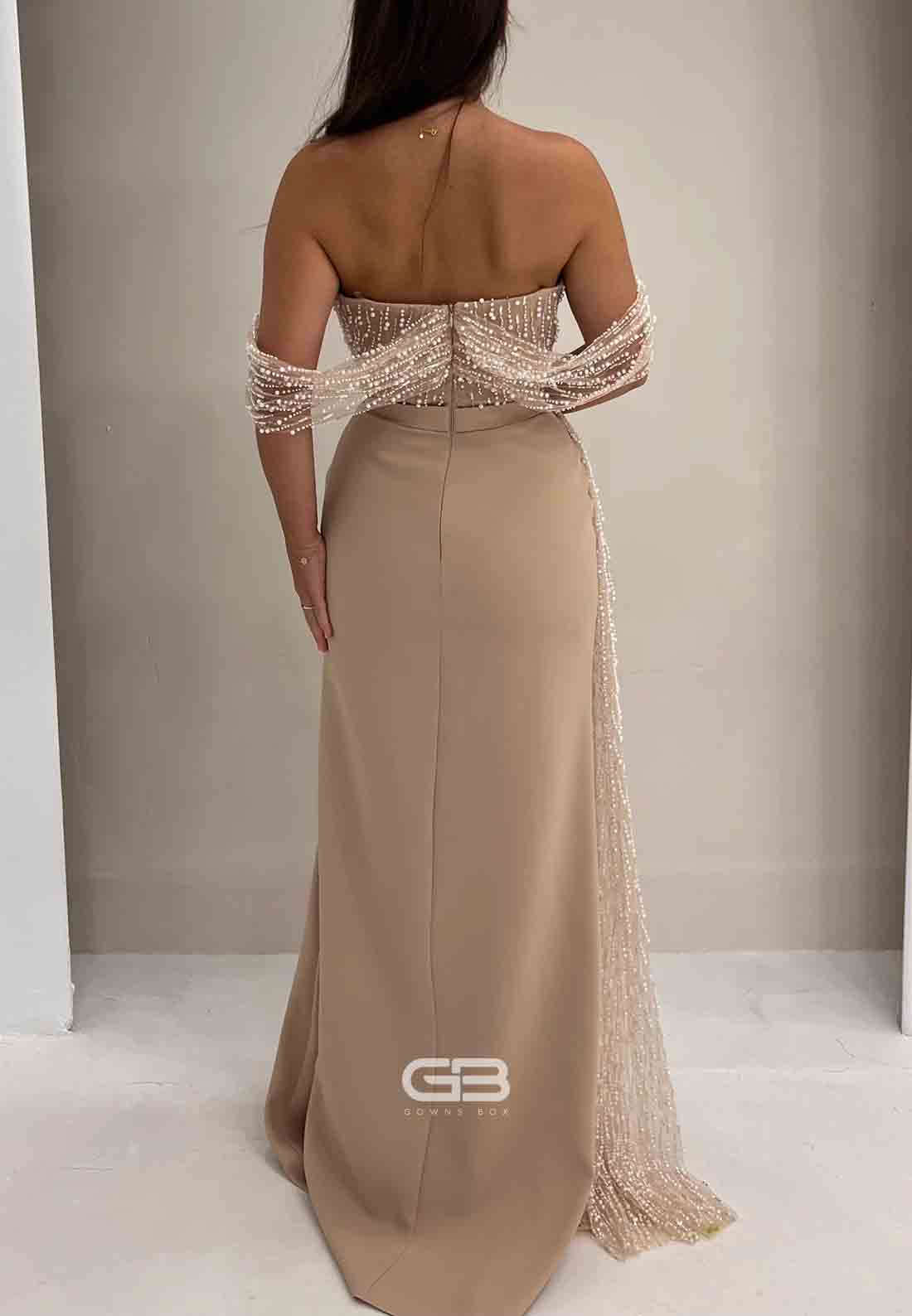 Off the Shoulder Trumpet Shawl Evening Gowns with Tassel and Pearls