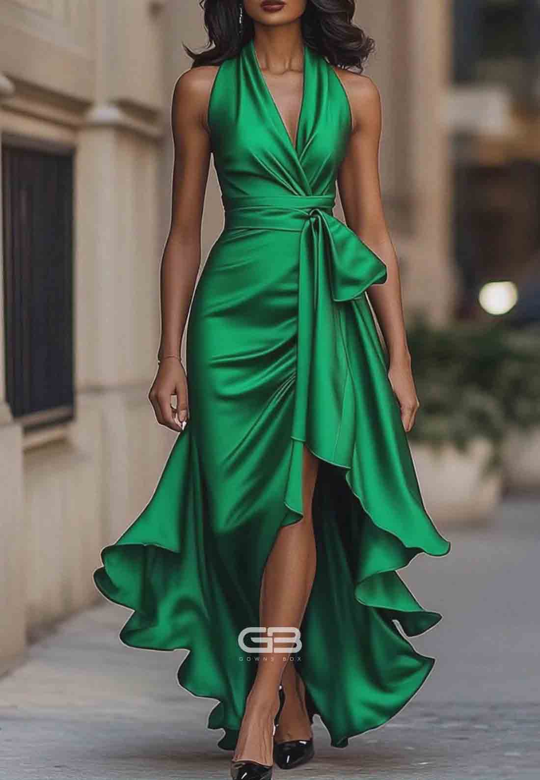 Elegant V-Neck Pleated Satin Halter Neck Asymmetrical Satin Evening Gowns