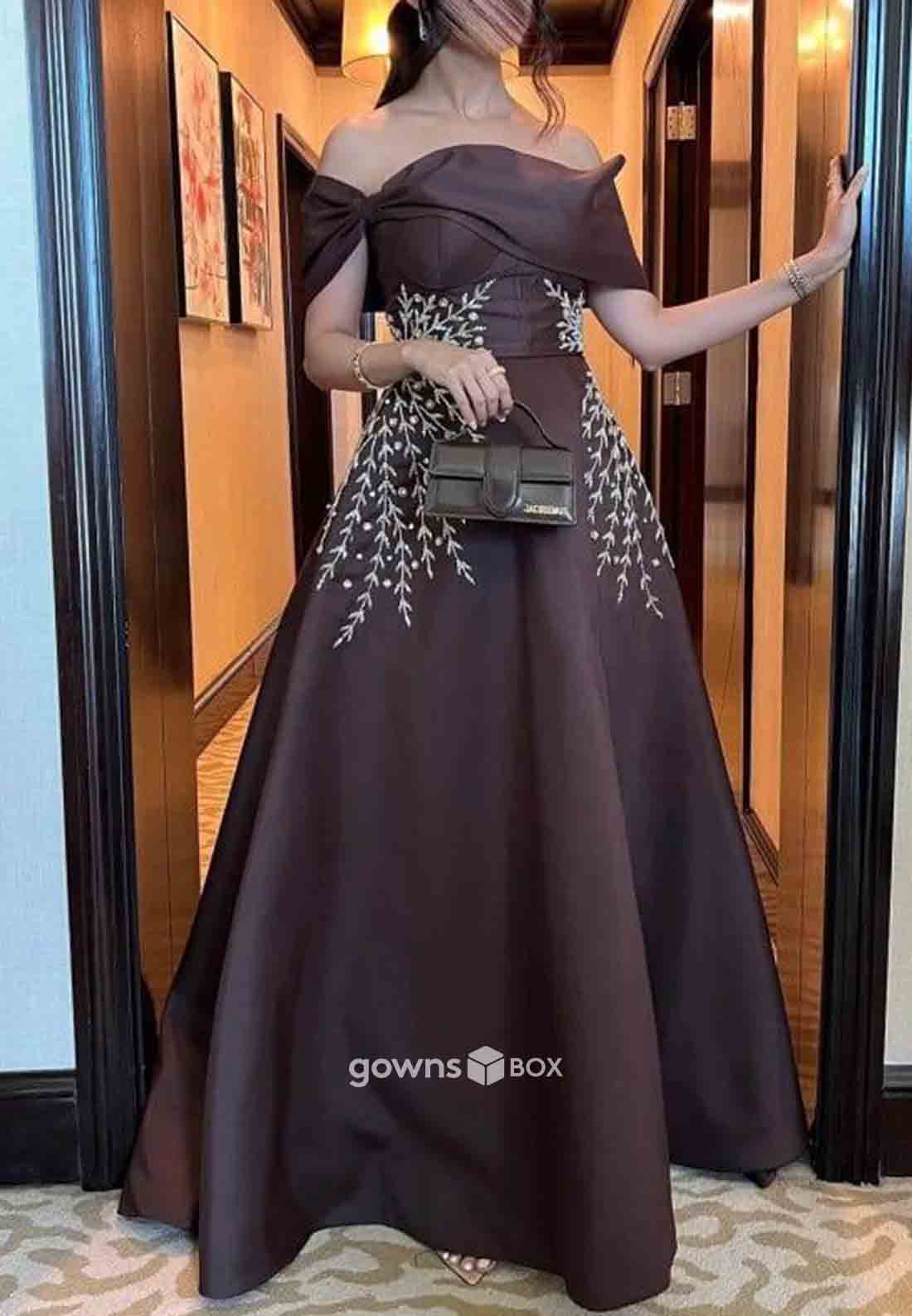 Appliques Off the Shoulder A-Line Floor-Length Pleated Low Back Evening Gowns-GownsBox