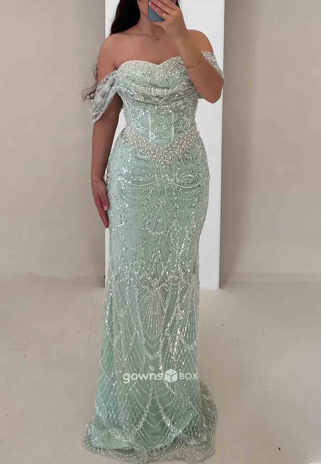 Off-Shoulder Beading Floor-Length Sweetheart Column Pleated Evening Gowns-GownsBox