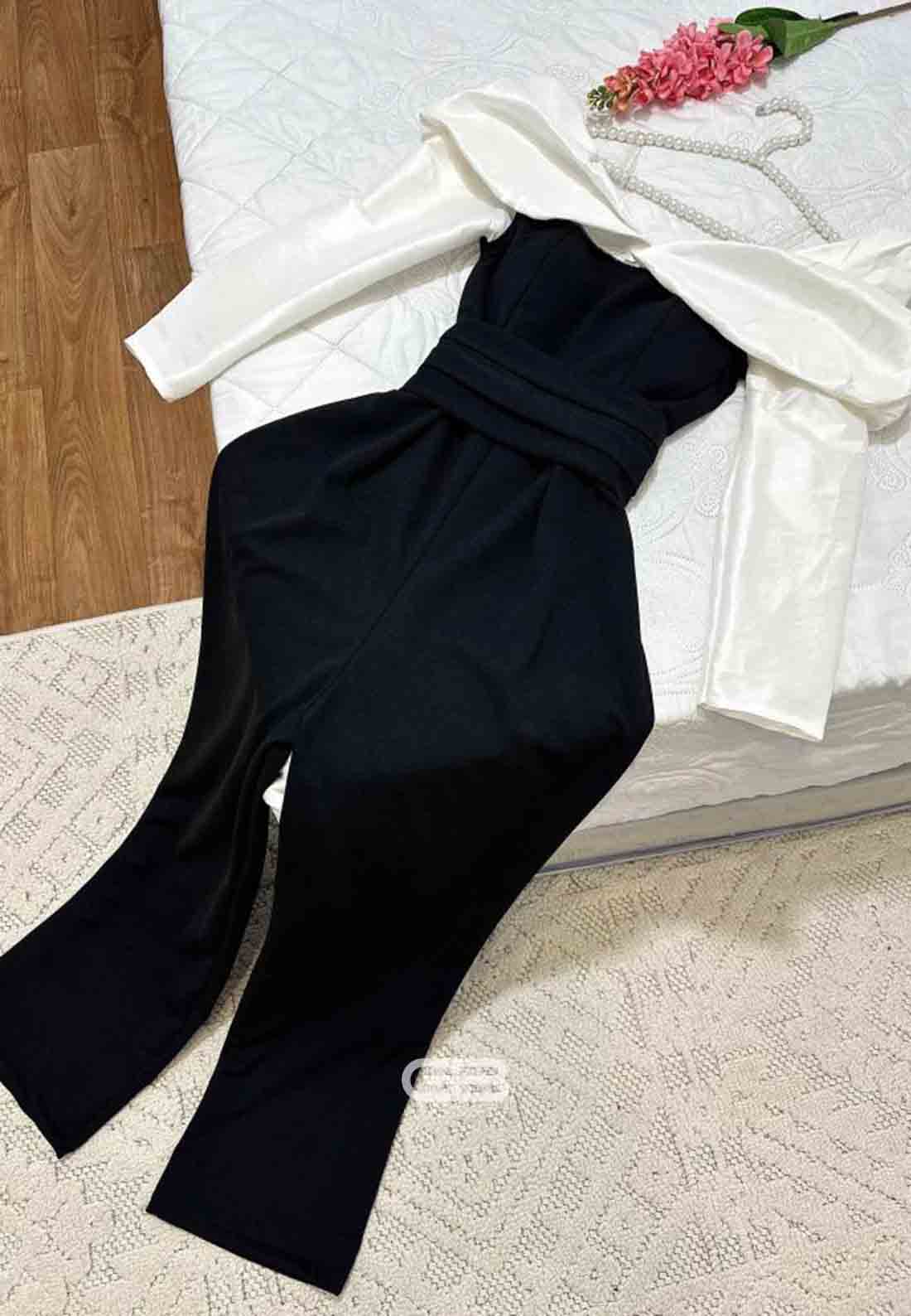 Black and White Jumpsuit Satin Long Sleeves Off the Shoulder Evening Gowns