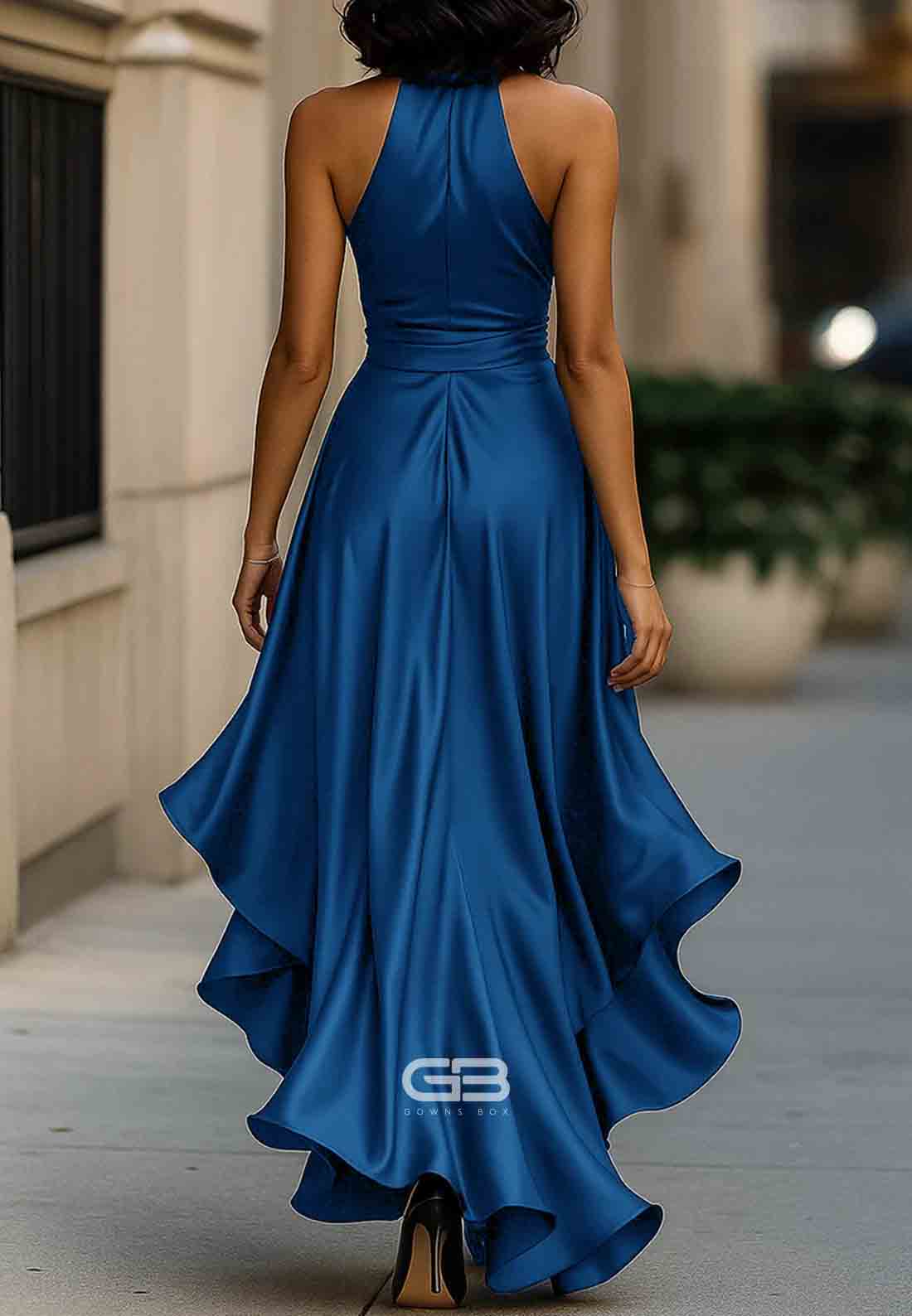 Elegant V-Neck Pleated Satin Halter Neck Asymmetrical Satin Evening Gowns