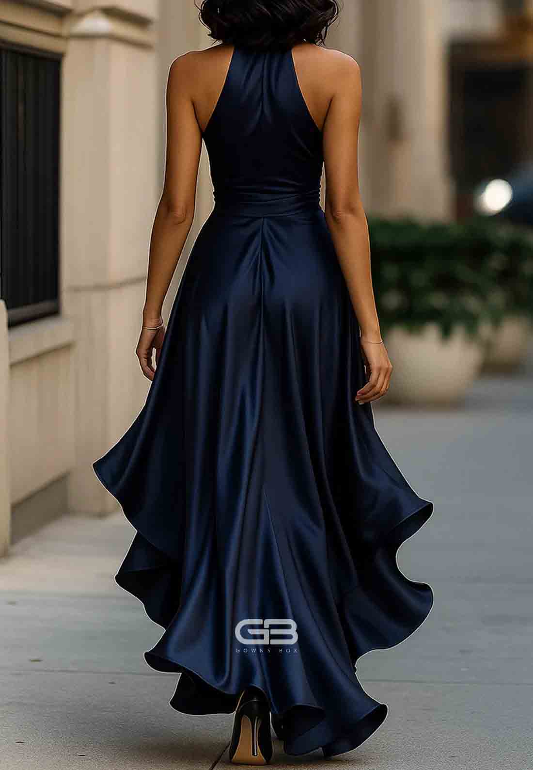 Elegant V-Neck Pleated Satin Halter Neck Asymmetrical Satin Evening Gowns