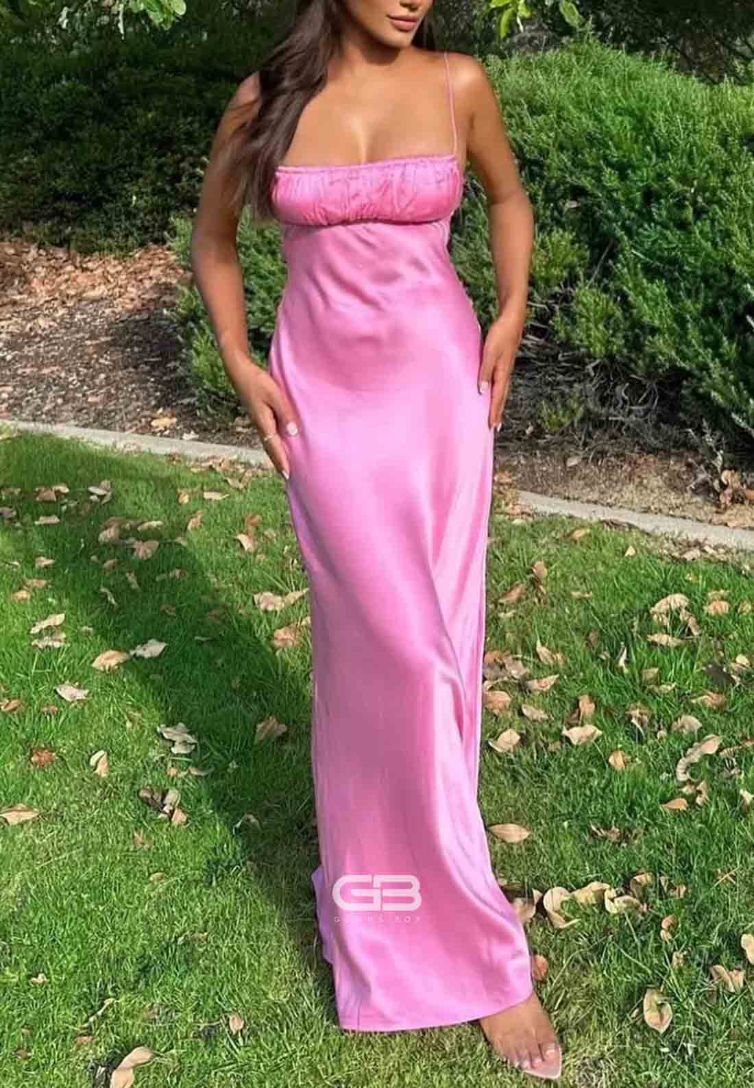 Pink Spaghetti Straps V-Neck Satin Sheath Long Prom Dress 
