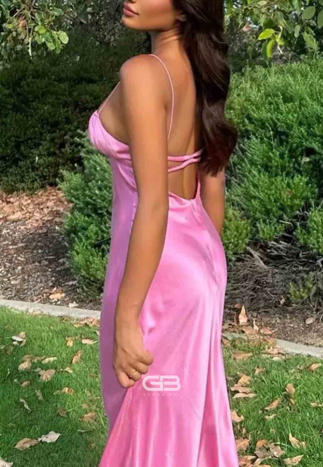 Pink Spaghetti Straps V-Neck Satin Sheath Long Prom Dress 