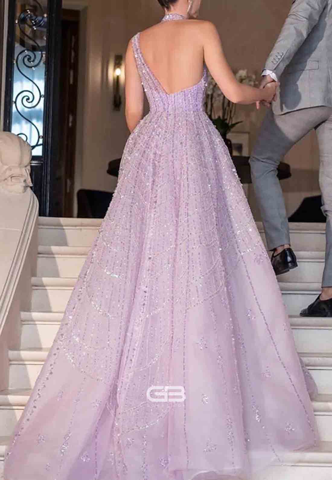 Luxury One Shoulder A-Line Prom Dresses Halter Evening Dress with Beading