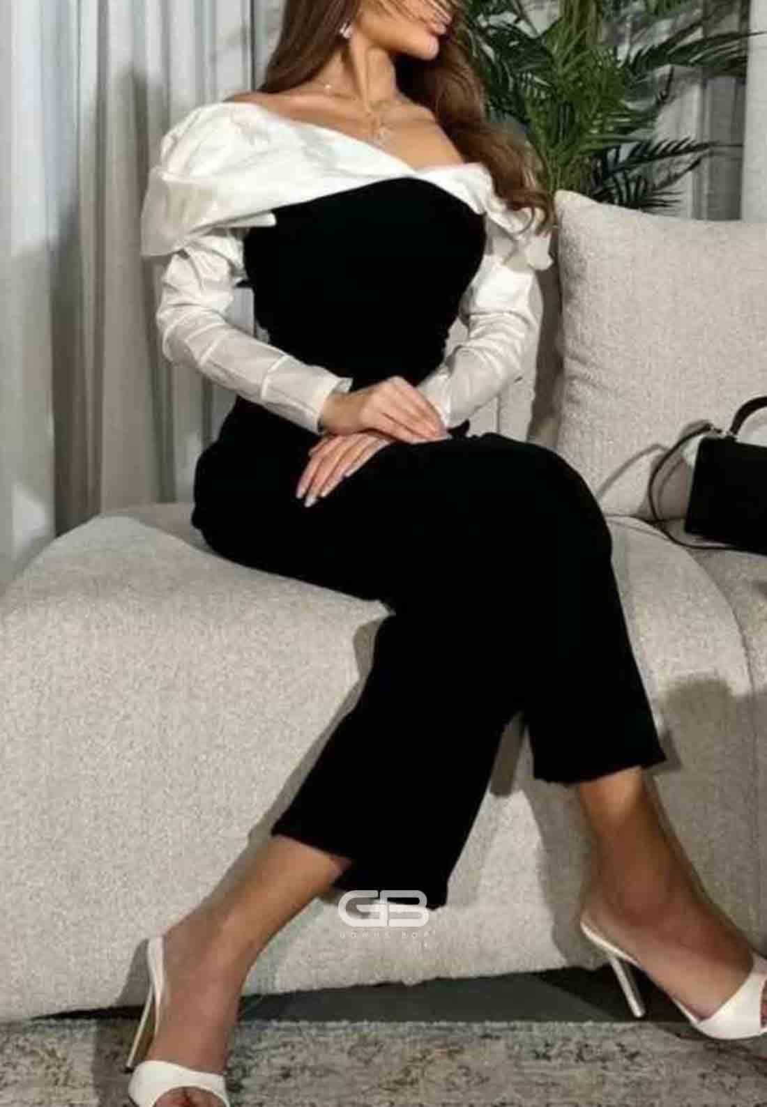 Black and White Jumpsuit Satin Long Sleeves Off the Shoulder Evening Gowns