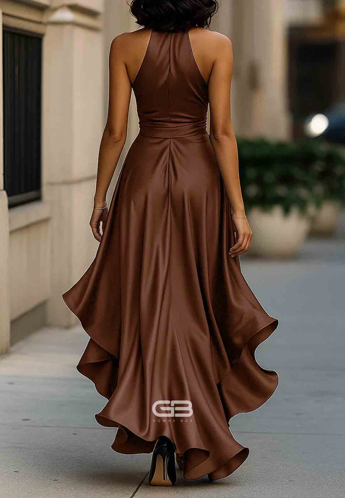 Elegant V-Neck Pleated Satin Halter Neck Asymmetrical Satin Evening Gowns