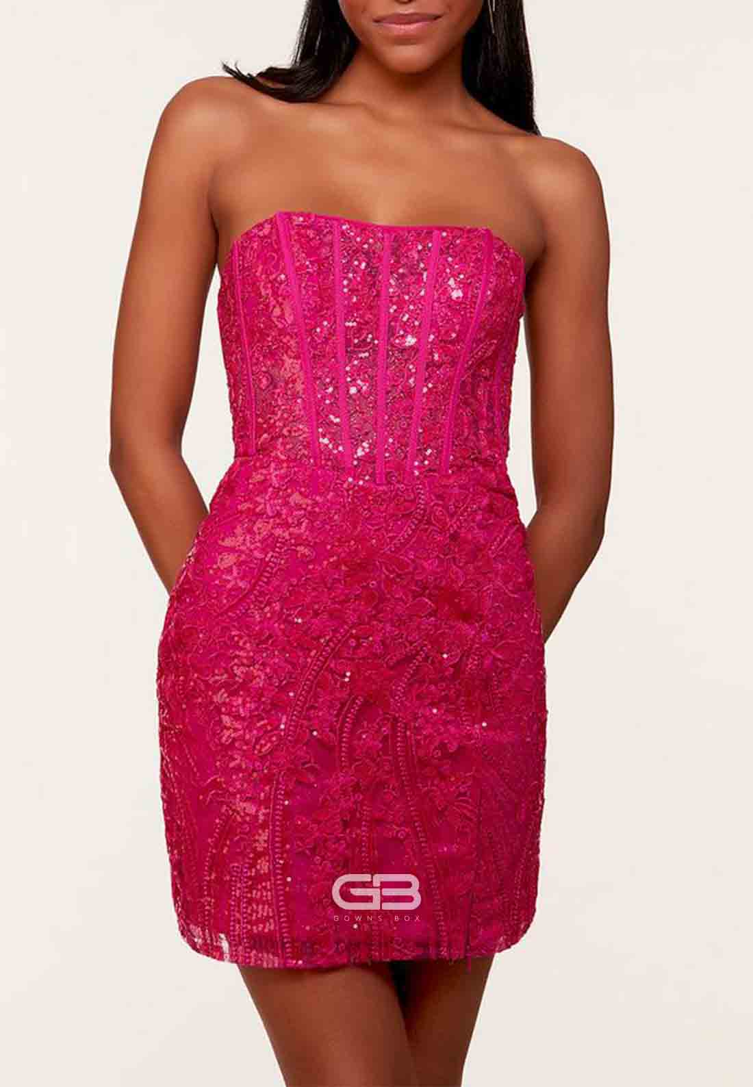 Strapless Glitter Flowers Sheath Short Homecoming Dress with Side Slit