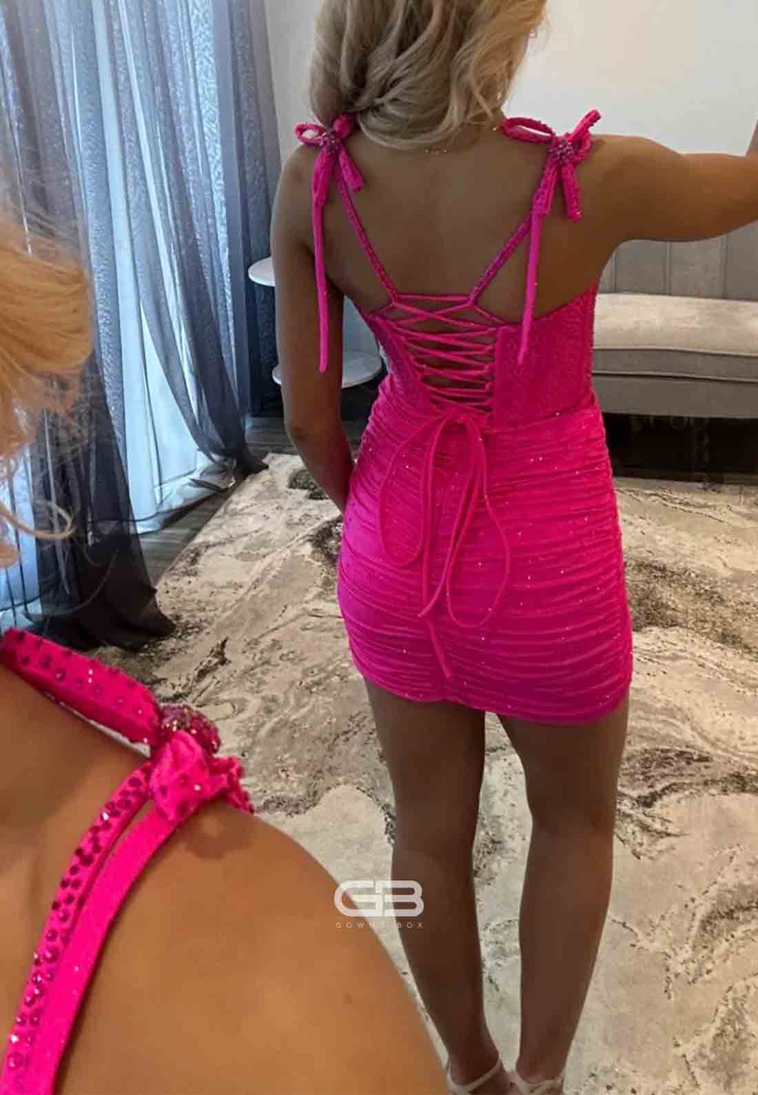 Sparkly Ruched Bodycon Beaded Homecoming Dress with Corset Bodiceand Tie Straps